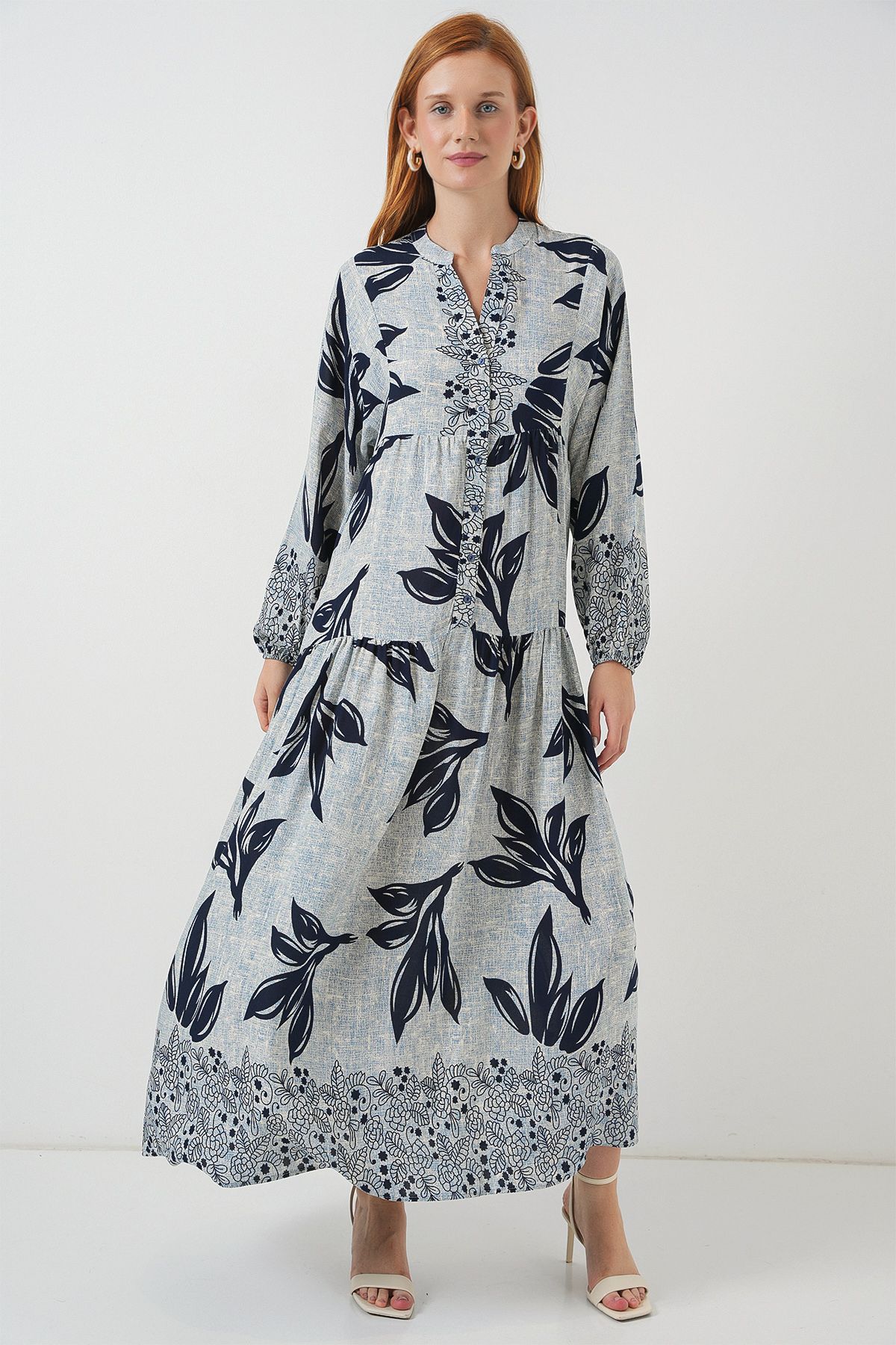 Bigdart-Rochie lungă hijab cu model pentru femei 2585 - Albastru - Bleumarin 1