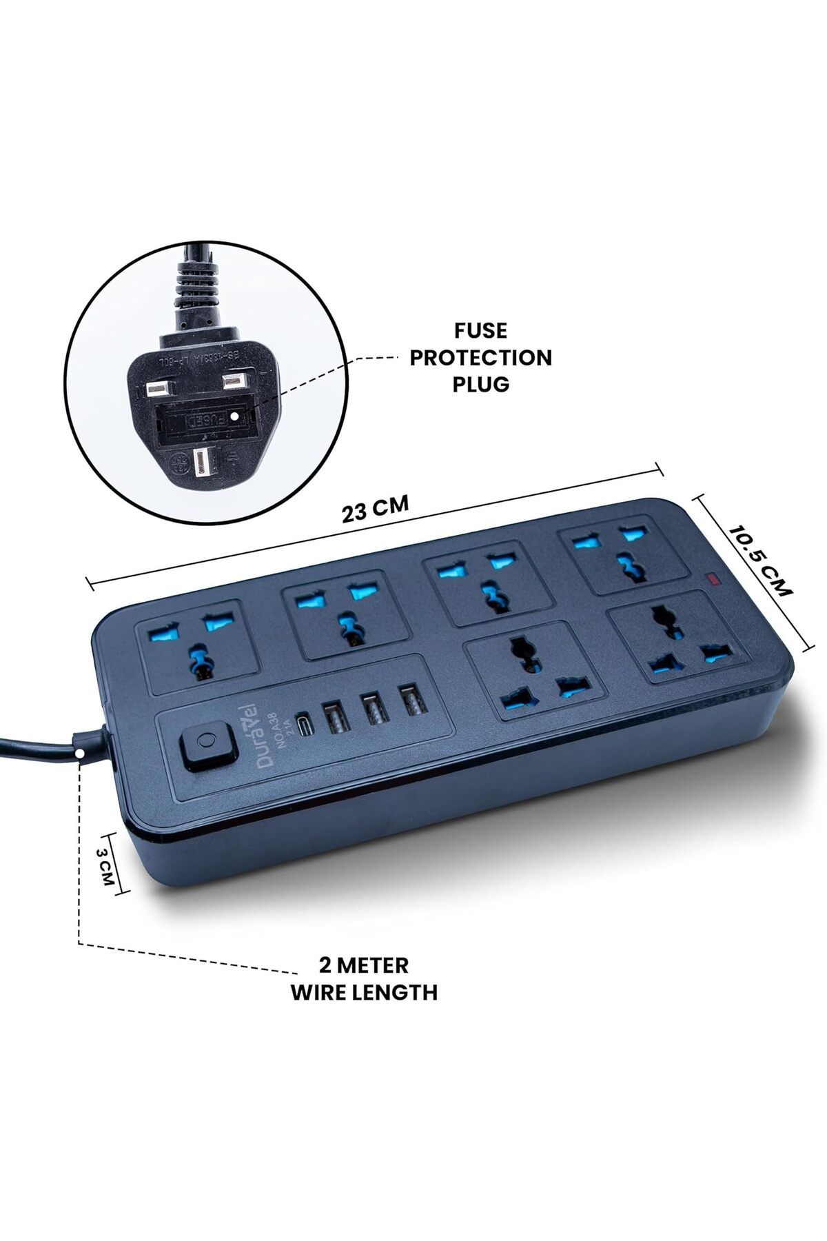 Duravel-Universal Extension Lead/Cord with Multiple Functions, UK 3-Pin Plug Socket with 6 Outlets | 3
