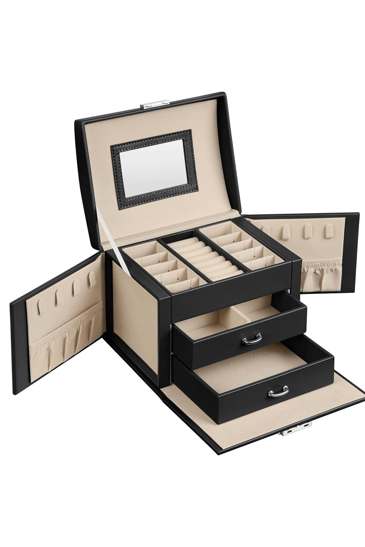 SONGMICS 3-Tier Jewelry Box, 2 Drawers, Mirror and Lock