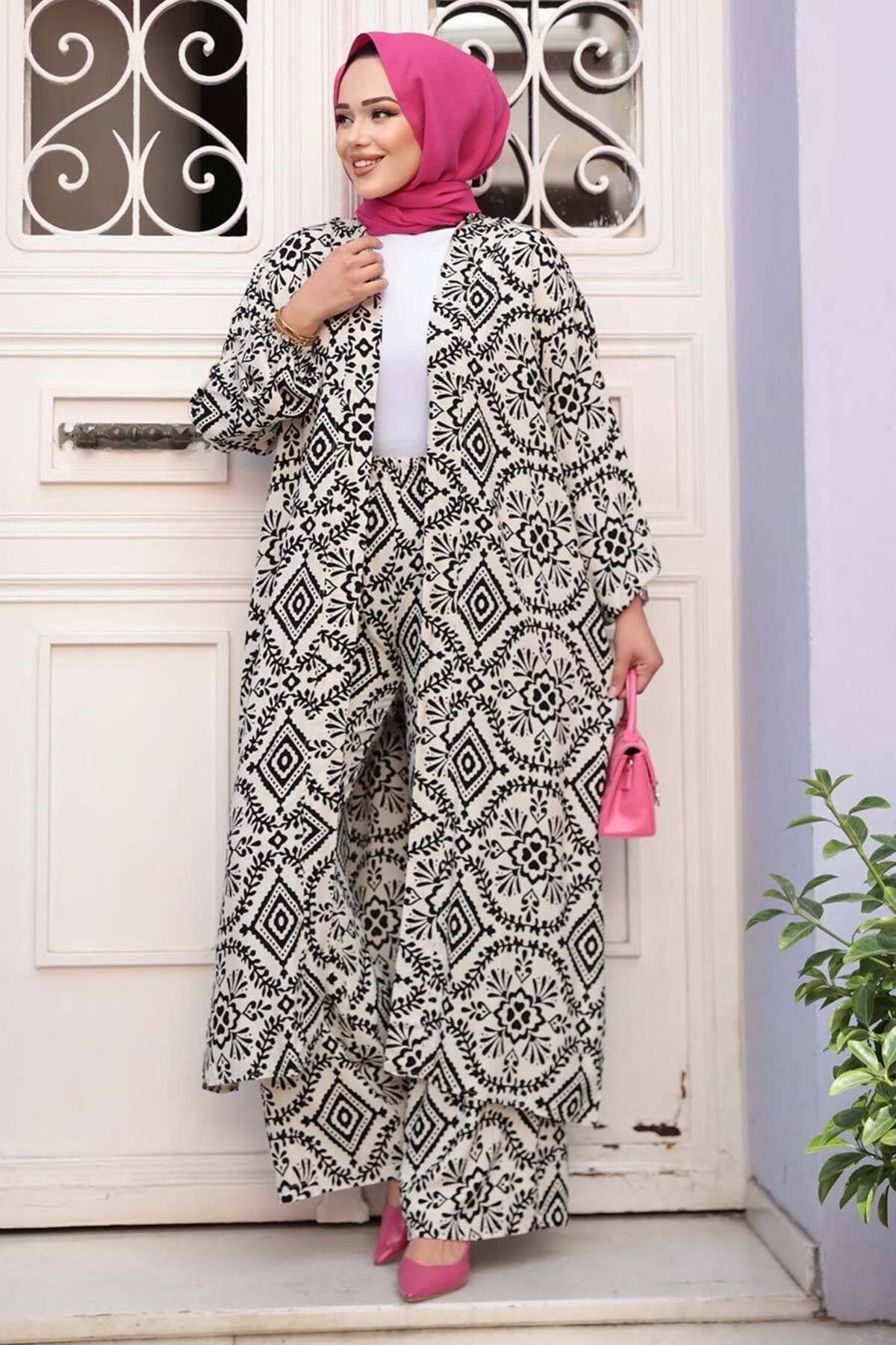 N.S NEVA STYLE-Patterned Ecru Hijab Double Kimono Set 12889E 4