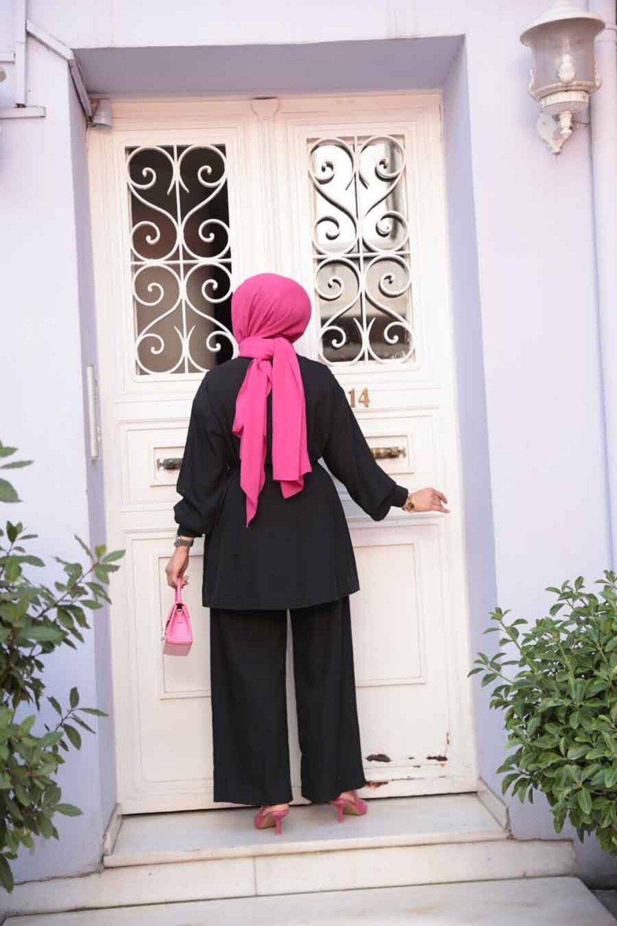 N.S NEVA STYLE-Buttoned Black Hijab Double Set 60341S 5