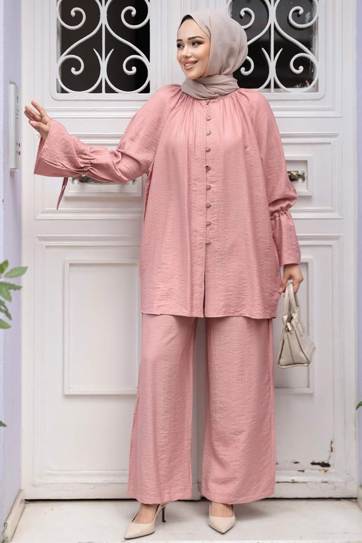 N.S NEVA STYLE-Buttoned Salmon Hijab Double Set 30451Smn 2