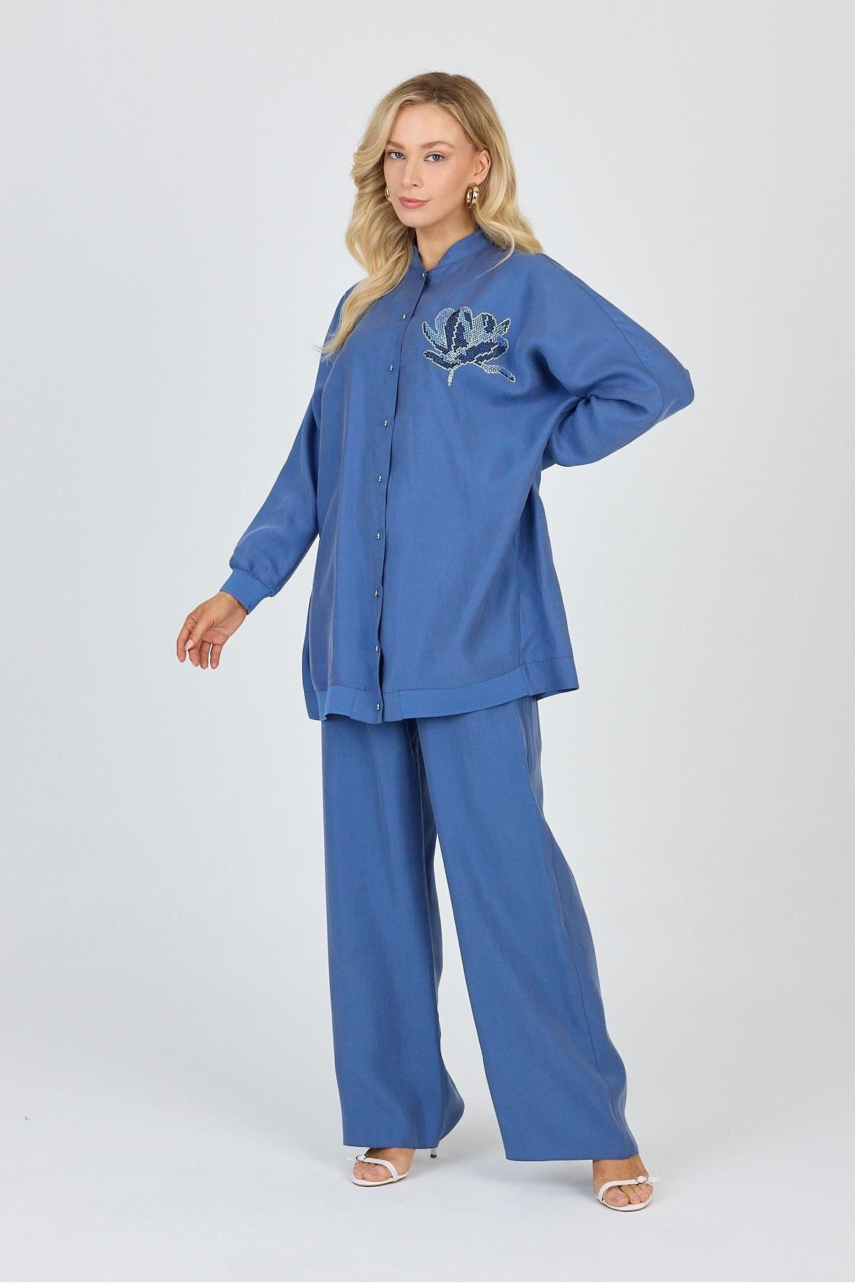 Zühre-Blue Double Suit with Stand Collar Processing Detail Tk-1610 4