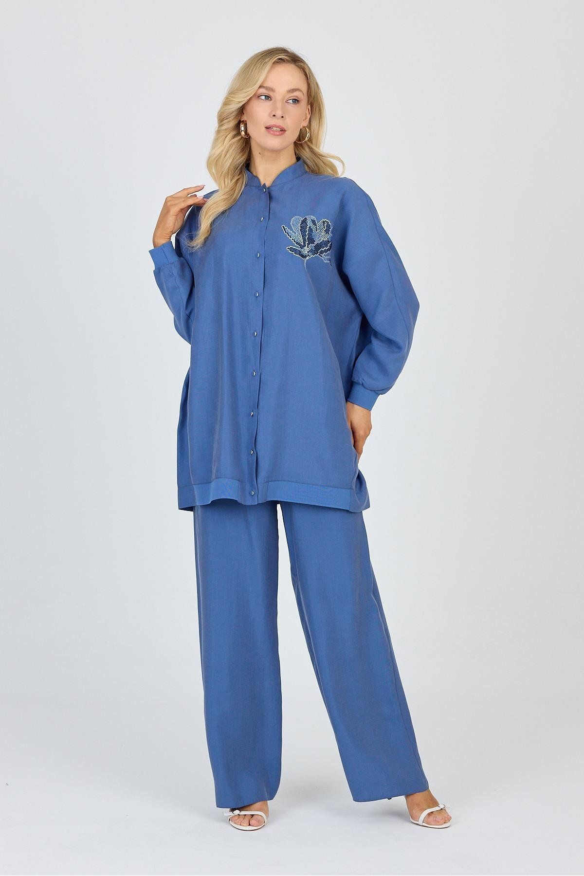 Zühre-Blue Double Suit with Stand Collar Processing Detail Tk-1610 5