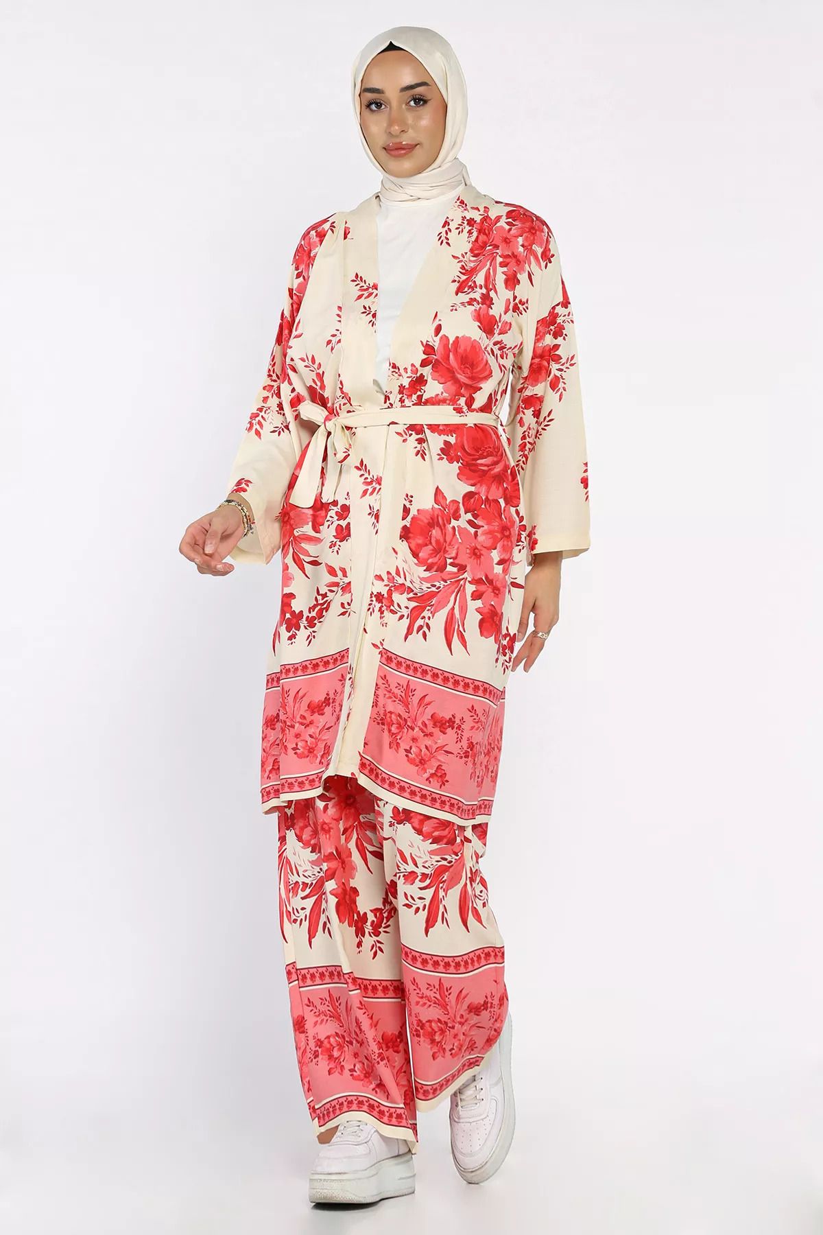 julude-Fuchsia Hijab Patterned Kimono Trousers Double Set 5
