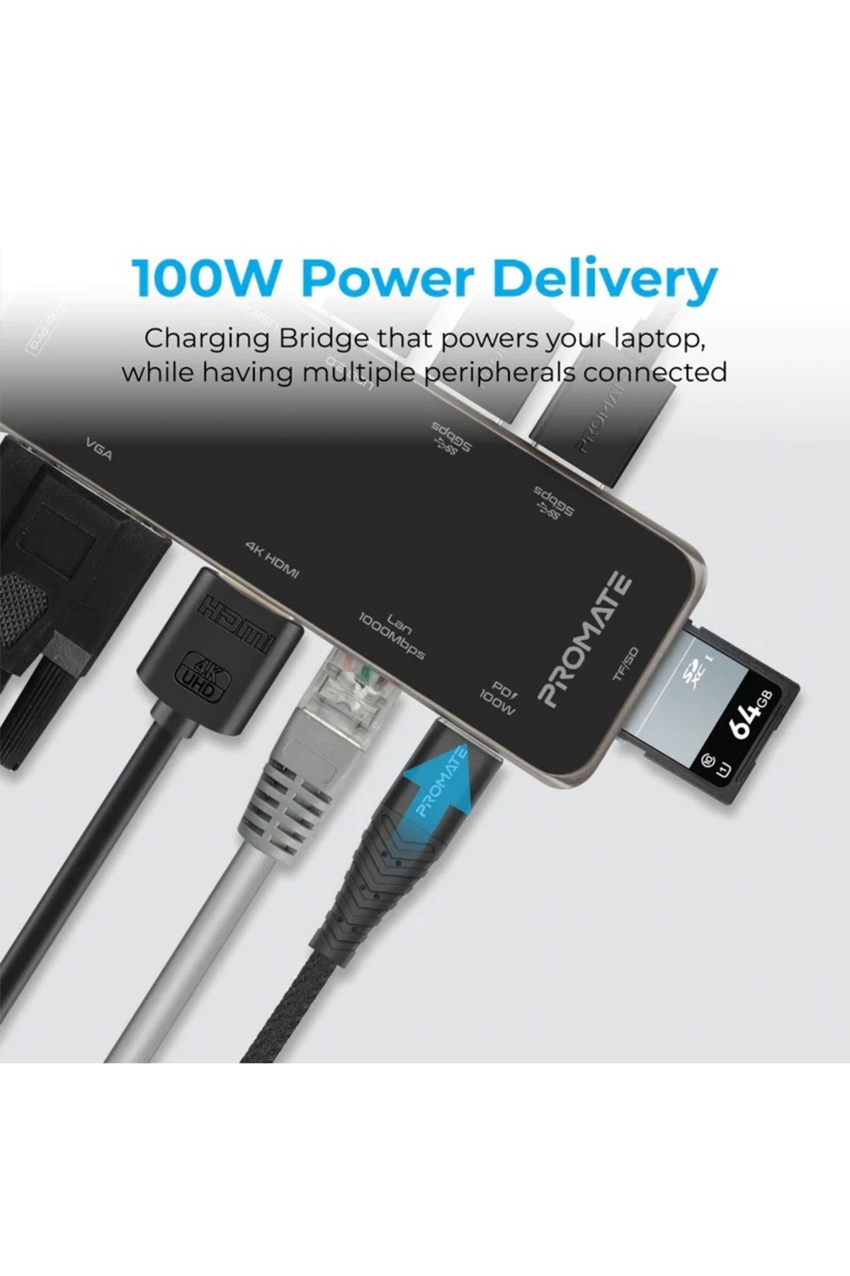 Promate-موزع USB-C متعدد المنافذ فائق السرعة 11 في 1 مع توصيل طاقة 100 وات 3