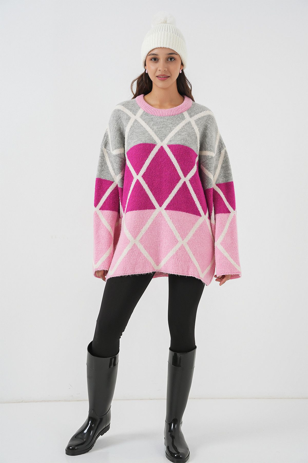 Bigdart-Pulover lung oversize cu model Baklava pentru femei 15931 - roz 2