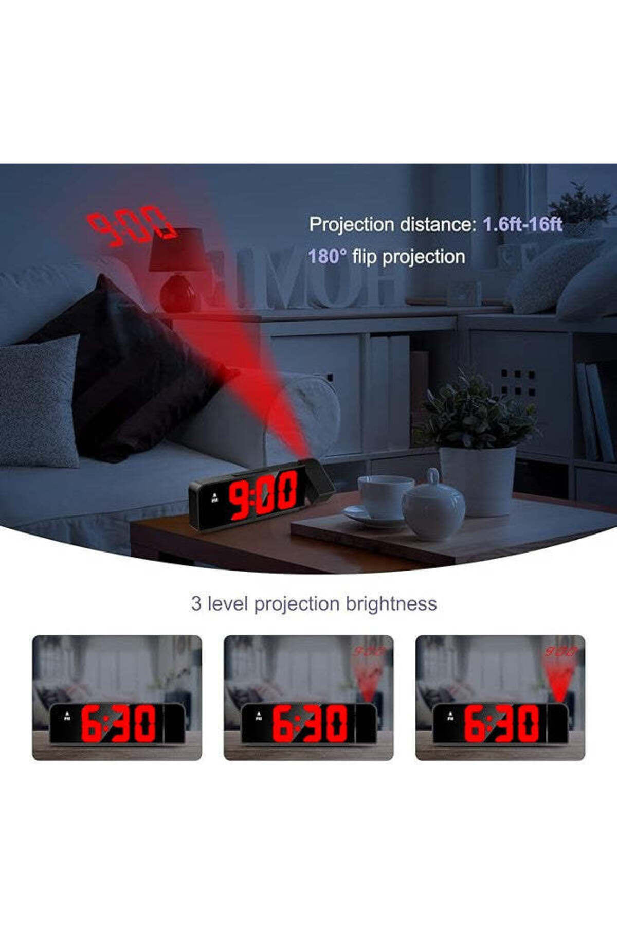 VTM-Red LED Digital Table Clock, 5M Projection, Temperature, Alarm, Snooze, Adjustable Brightness 3