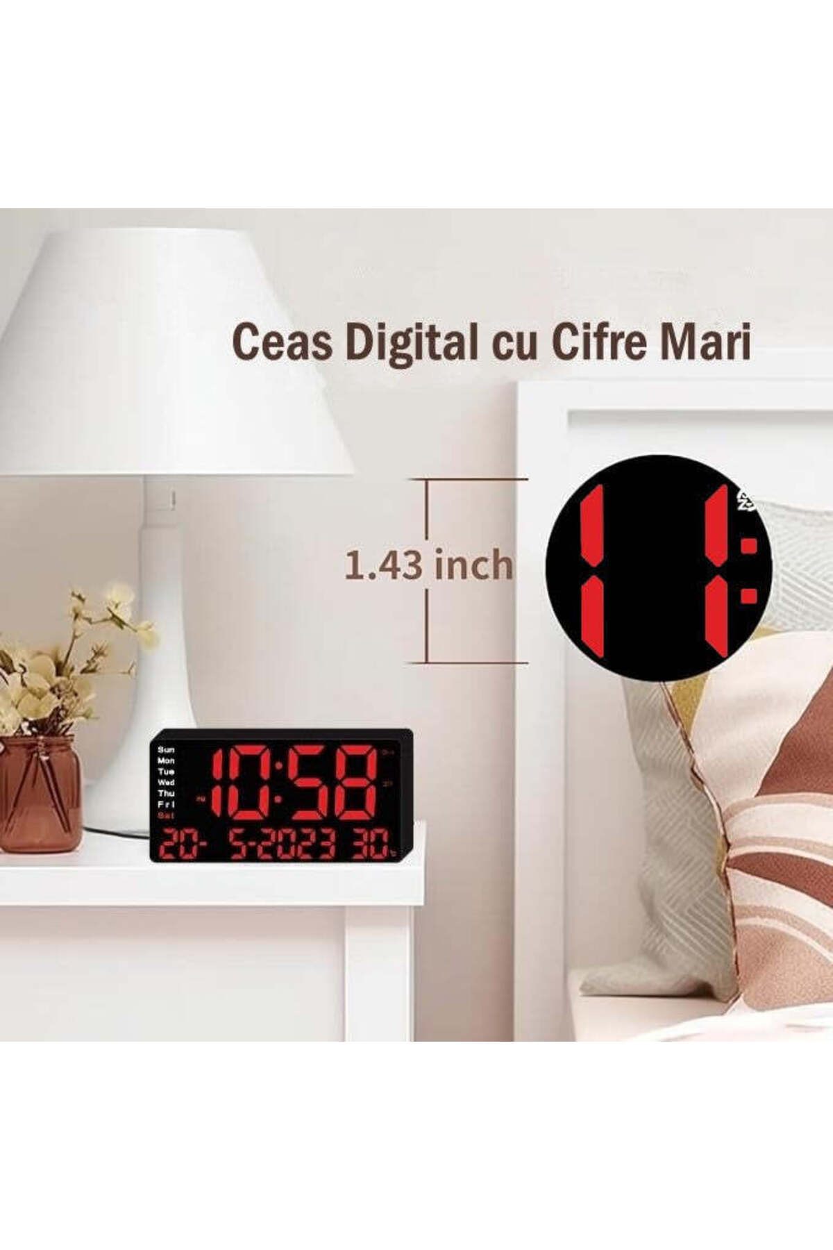 VTM-Digital Table Clock Red LED, Alarm, 3 Brightness, Calendar, Temperature, Snooze, Night Mode 4