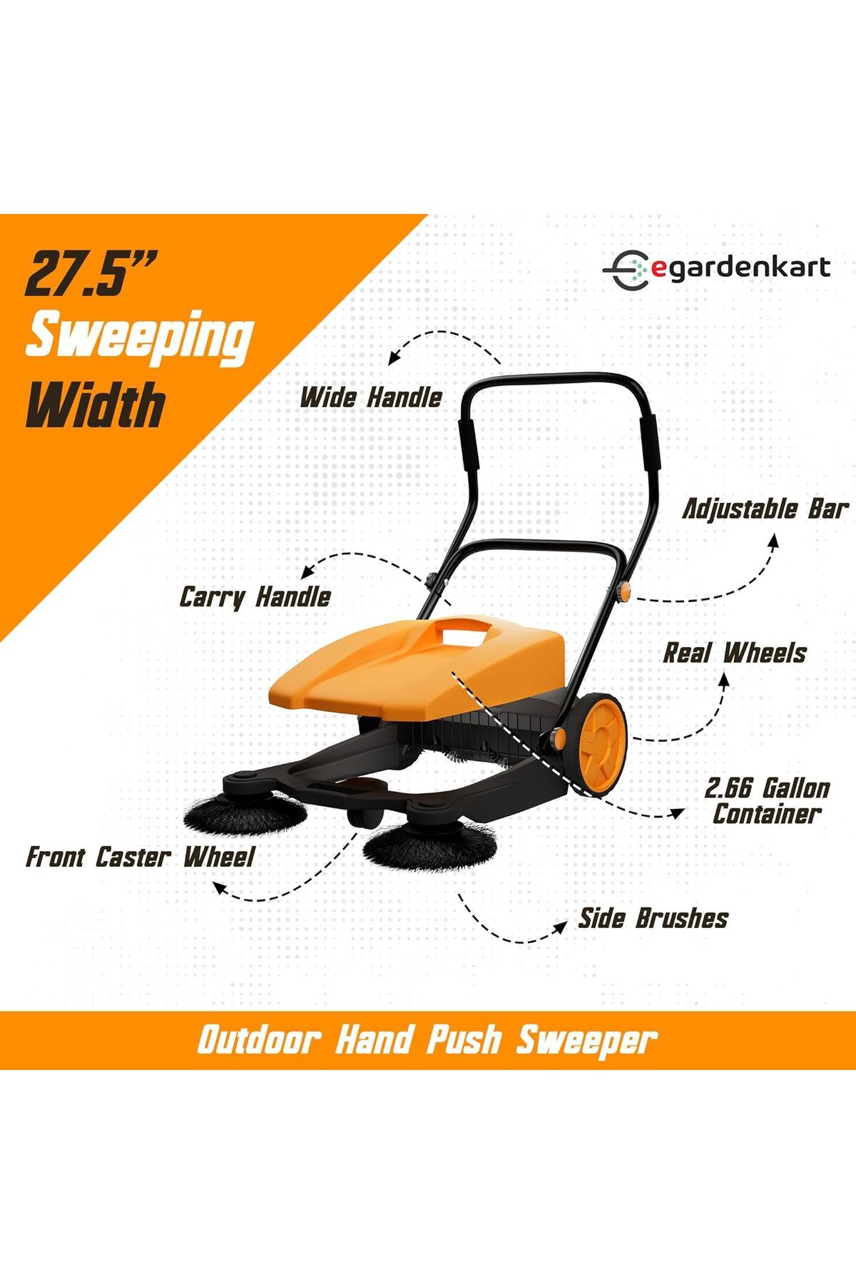 Egardenkart-, Walk-Behind Outdoor Hand Push Sweeper - 2.66 Gallon Capacity, 27.5" Sweeping width, Swe 5