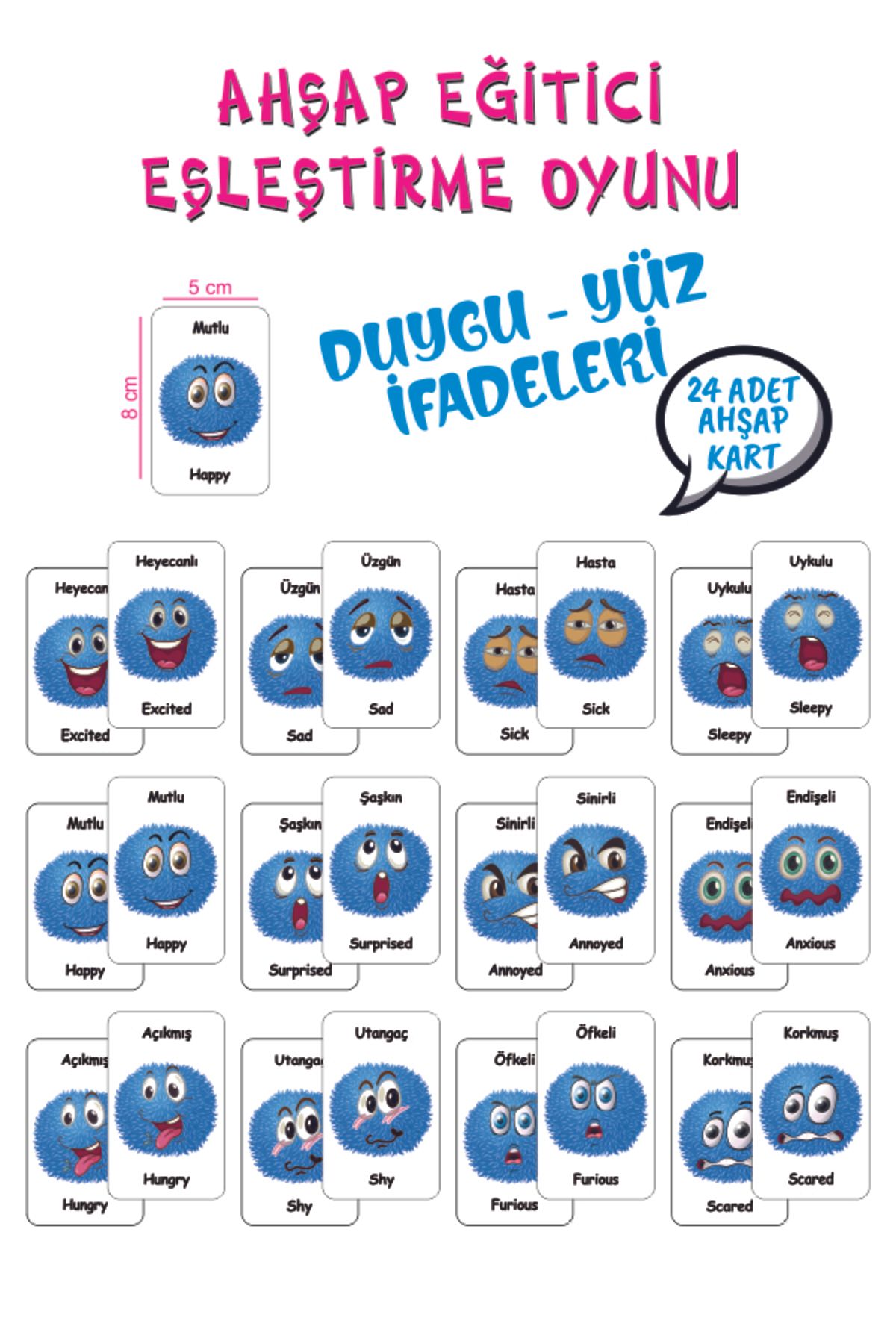 Leelii Tasarım-Cute Emotion - Facial Expressions Wooden Memory Matching Cards Turkish - English Memory Game 1