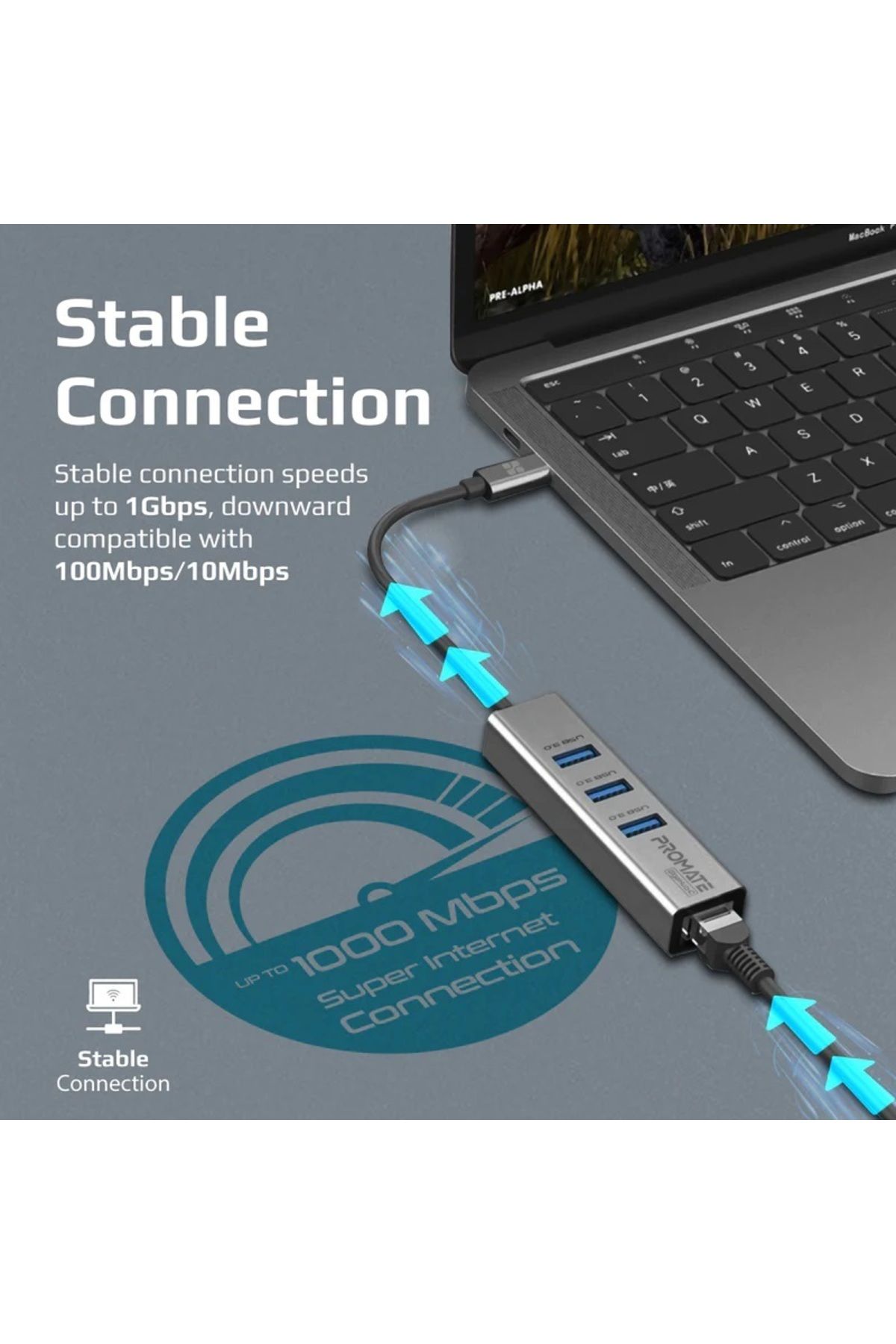 Promate-موزع USB-C من Gigahub-c مع محول إيثرنت 4