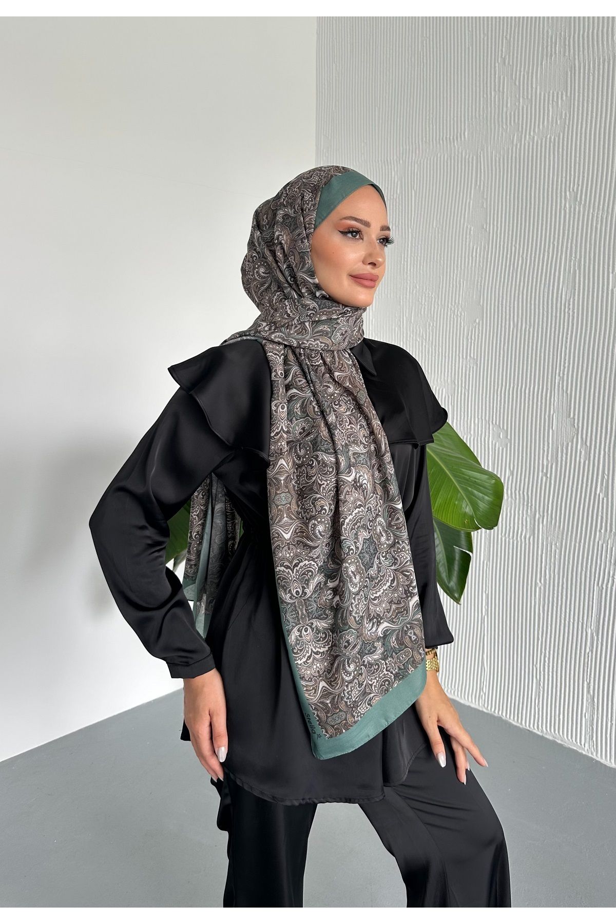 Stella Eşarp-Ethnic Retro Pattern Green Color Cotton Soft Shawl 5