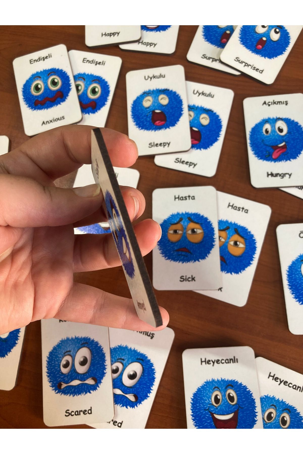 Leelii Tasarım-Cute Emotion - Facial Expressions Wooden Memory Matching Cards Turkish - English Memory Game 6