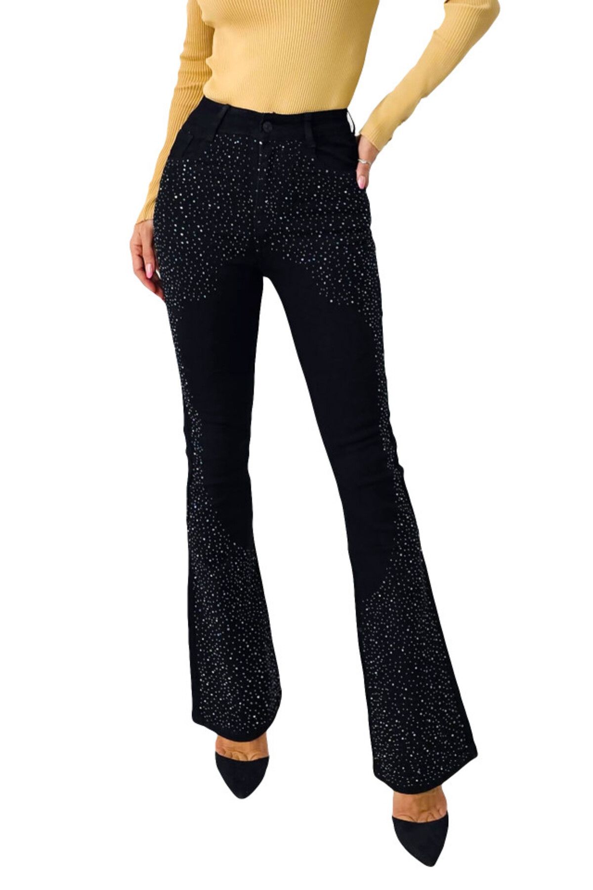 FashionForYou-Diamonds flared jeans, with sequins and push up effect, Black, M 6