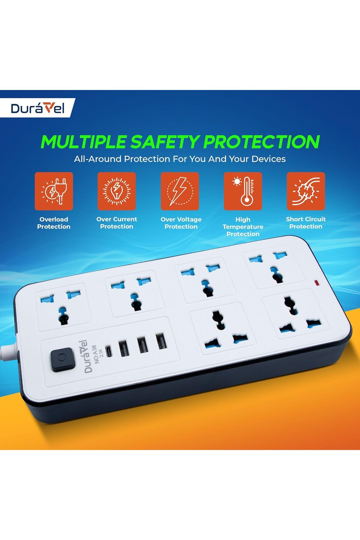 Duravel-Universal Extension Lead/Cord with Multiple Functions, UK 3-Pin Plug Socket with 6 Outlets | 8