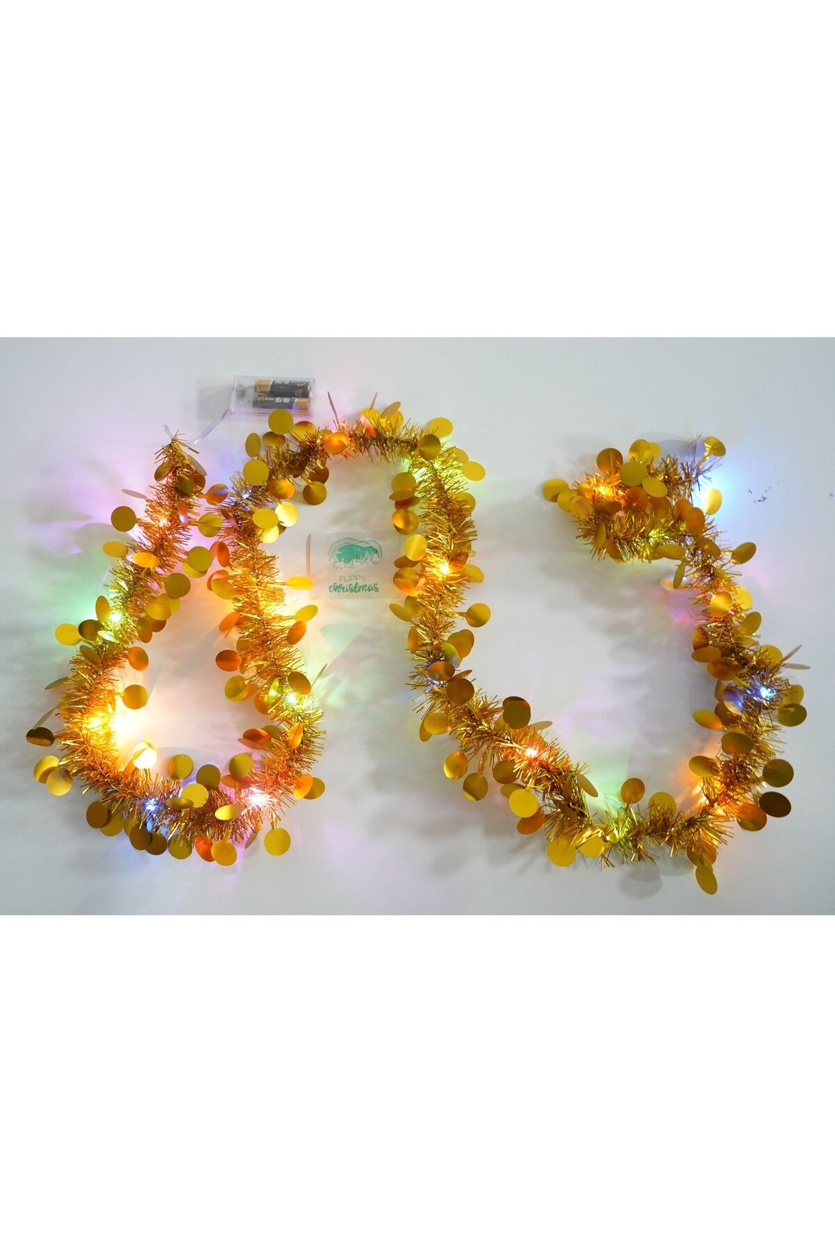 Teo-Christmas tinsel with LED, Gold, round sequin pattern, 2 m x 5 cm, PVC, String, Artificial, 4