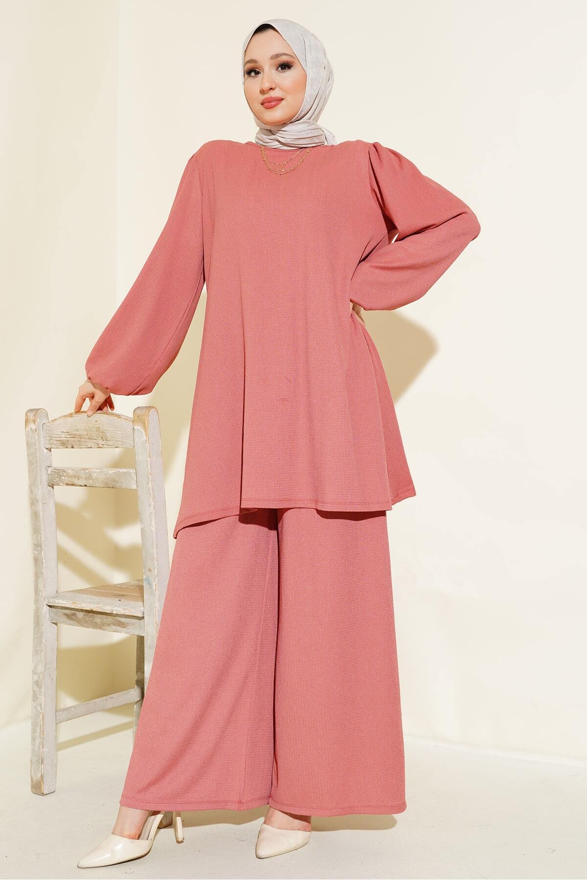 Merterium Women's Tunic Trousers Double Set Dusty Rose 1013