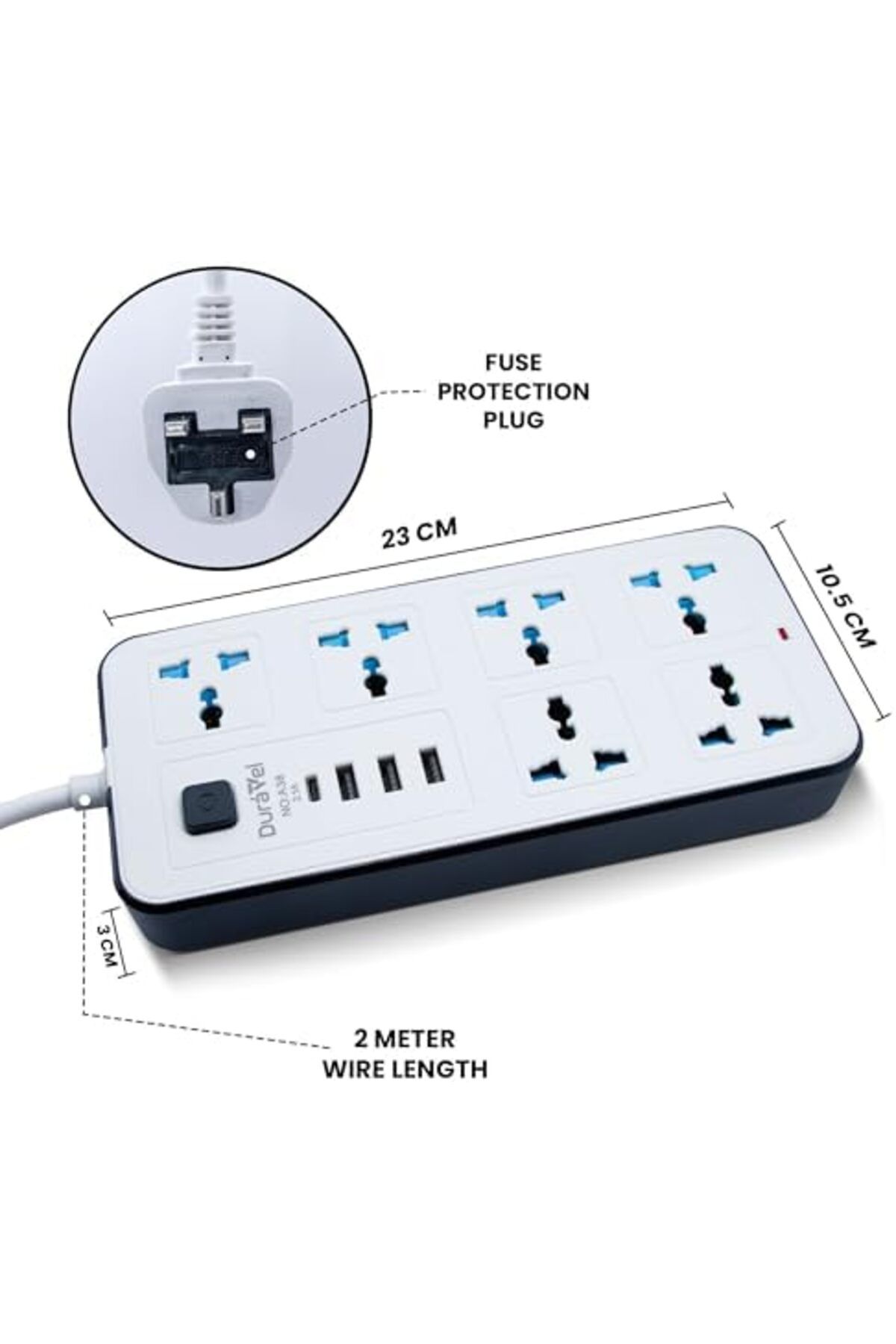 Duravel-Universal Extension Lead/Cord with Multiple Functions, UK 3-Pin Plug Socket with 6 Outlets | 5