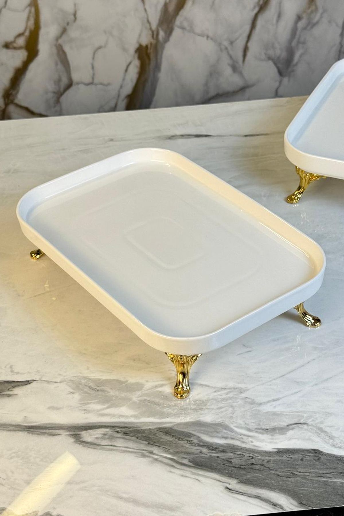 MAY HOME-Porcelain Rectangular Footed Presentation Plate 2