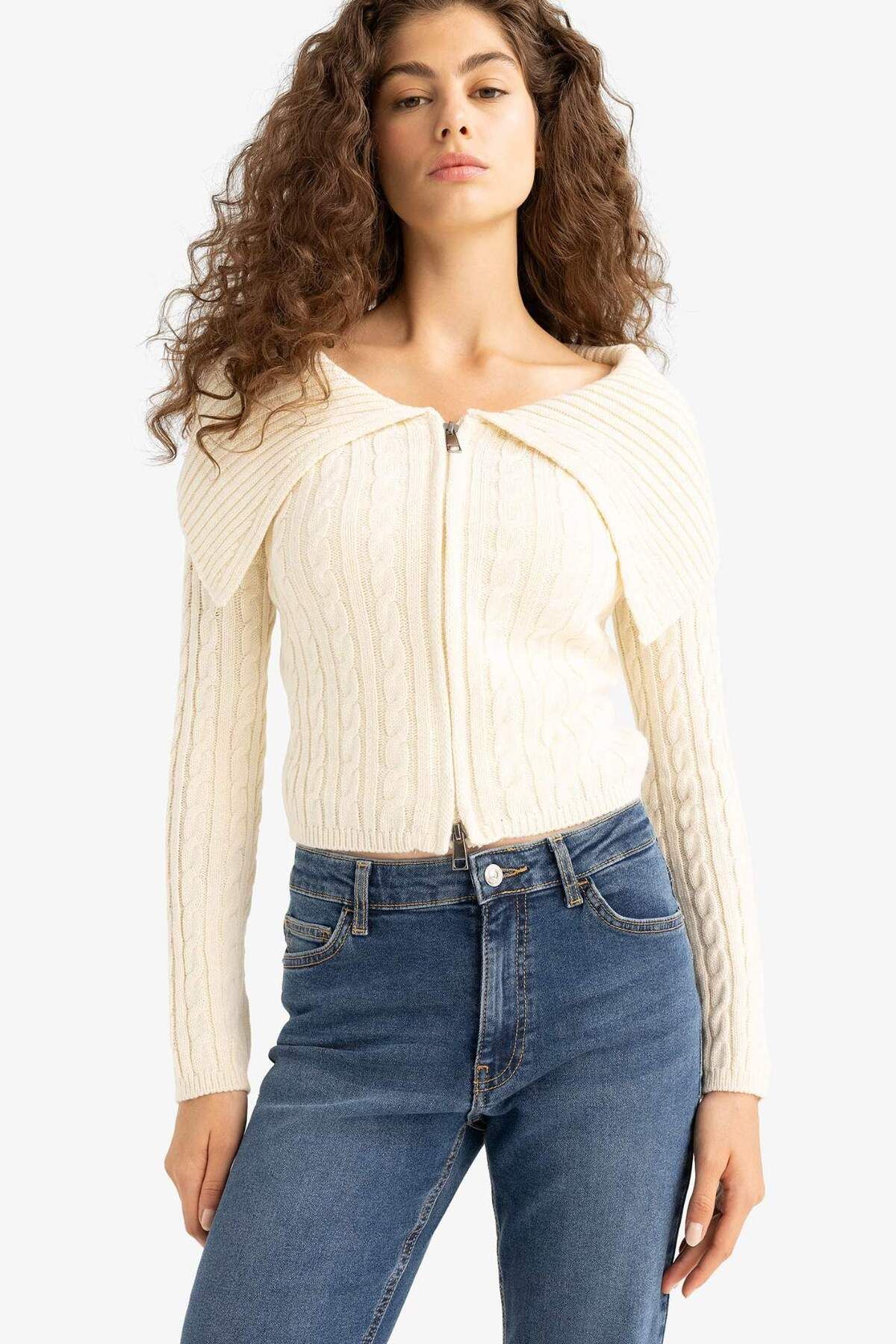 DeFacto-Regular Fit Open Shoulder Cardigan E8263Ax25Wn 4