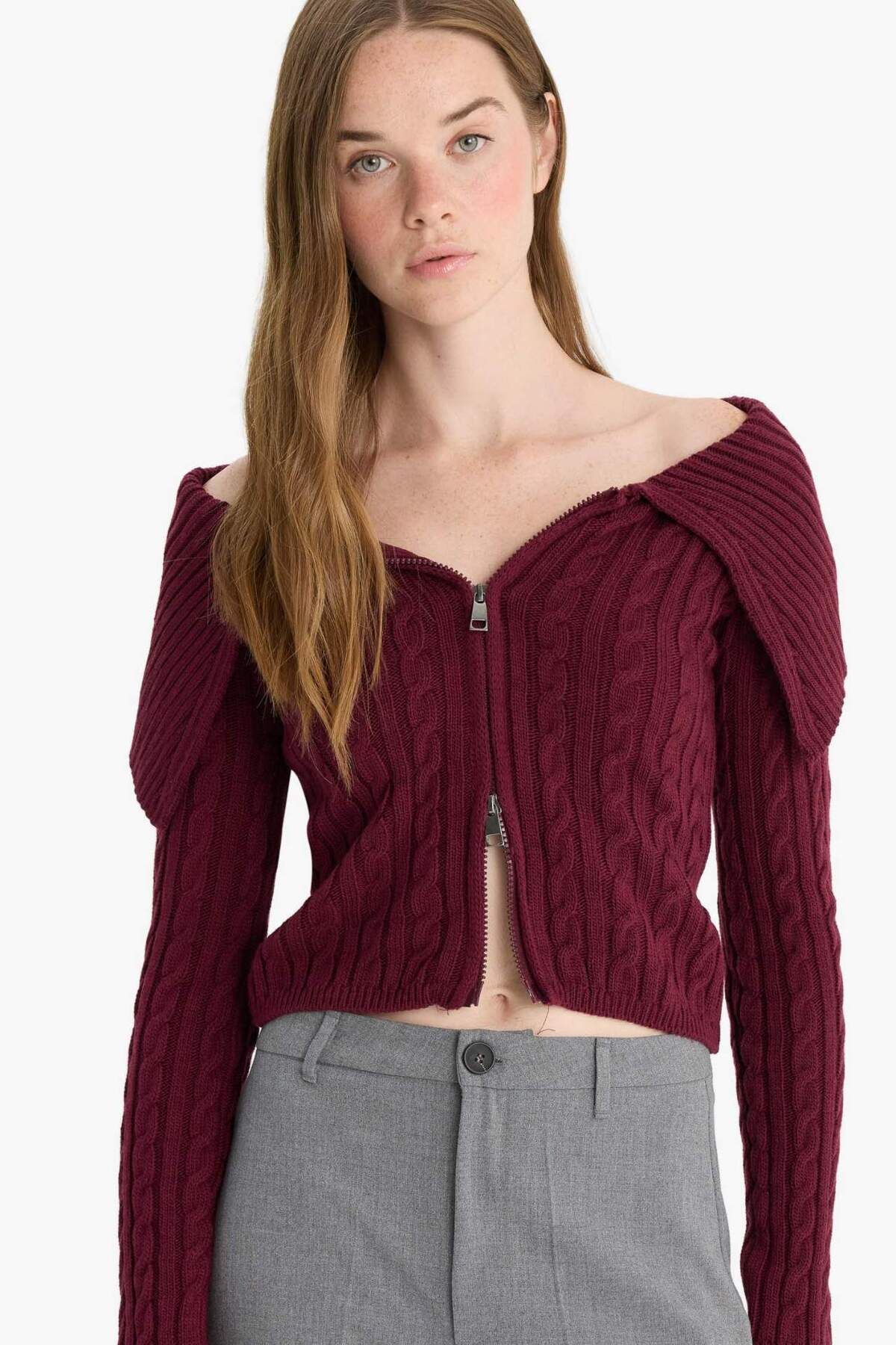 DeFacto-Regular Fit Open Shoulder Cardigan E8263Ax25Wn 1