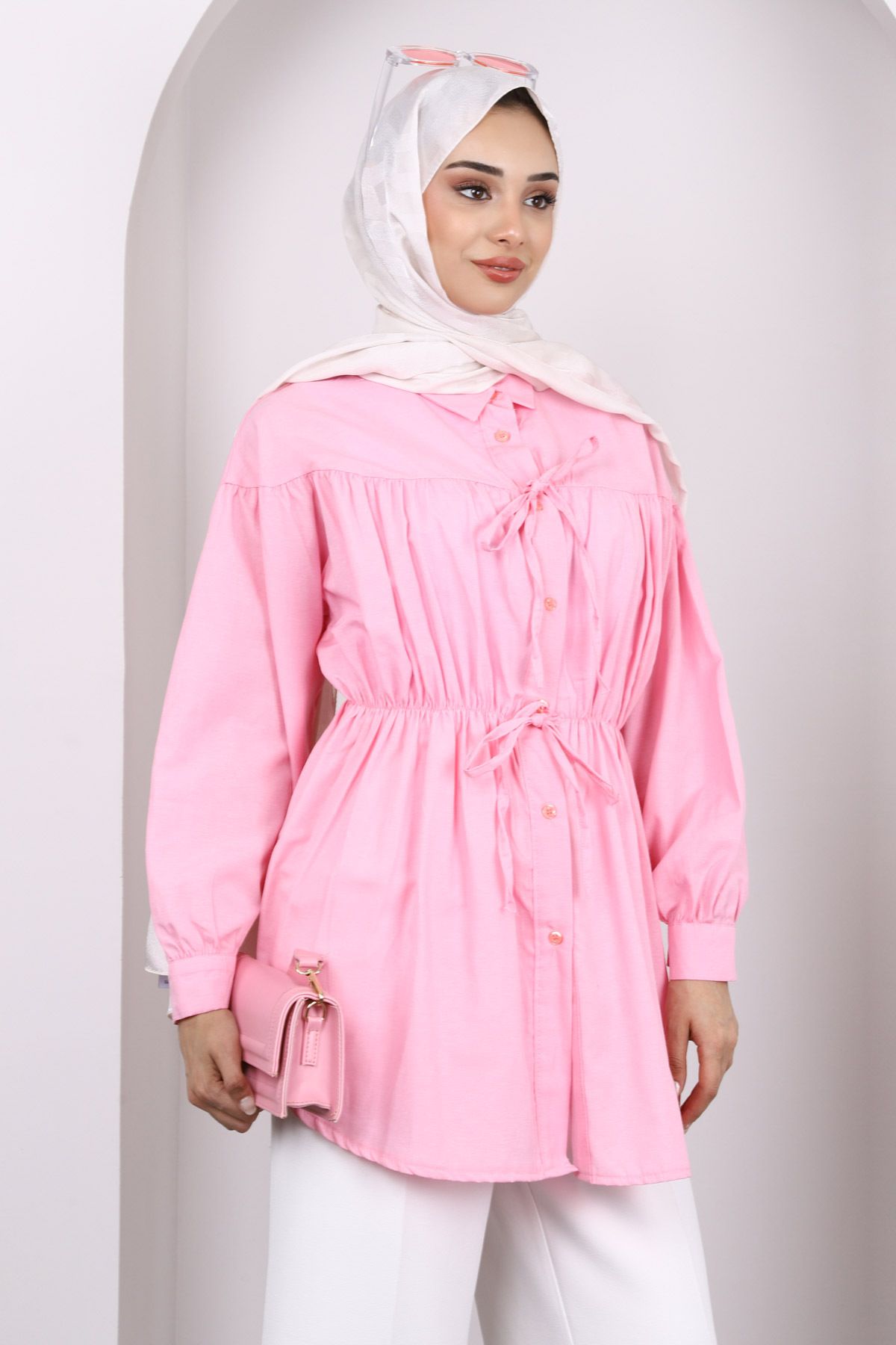 İmajButik-Light Pink Buttoned Tunic with Elastic Waist 1
