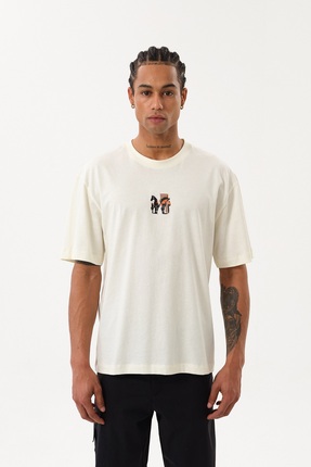 SPORTEMPT HorseLine Grafik Baskılı Erkek Oversize Bisiklet Yaka T-shirt - Ekru