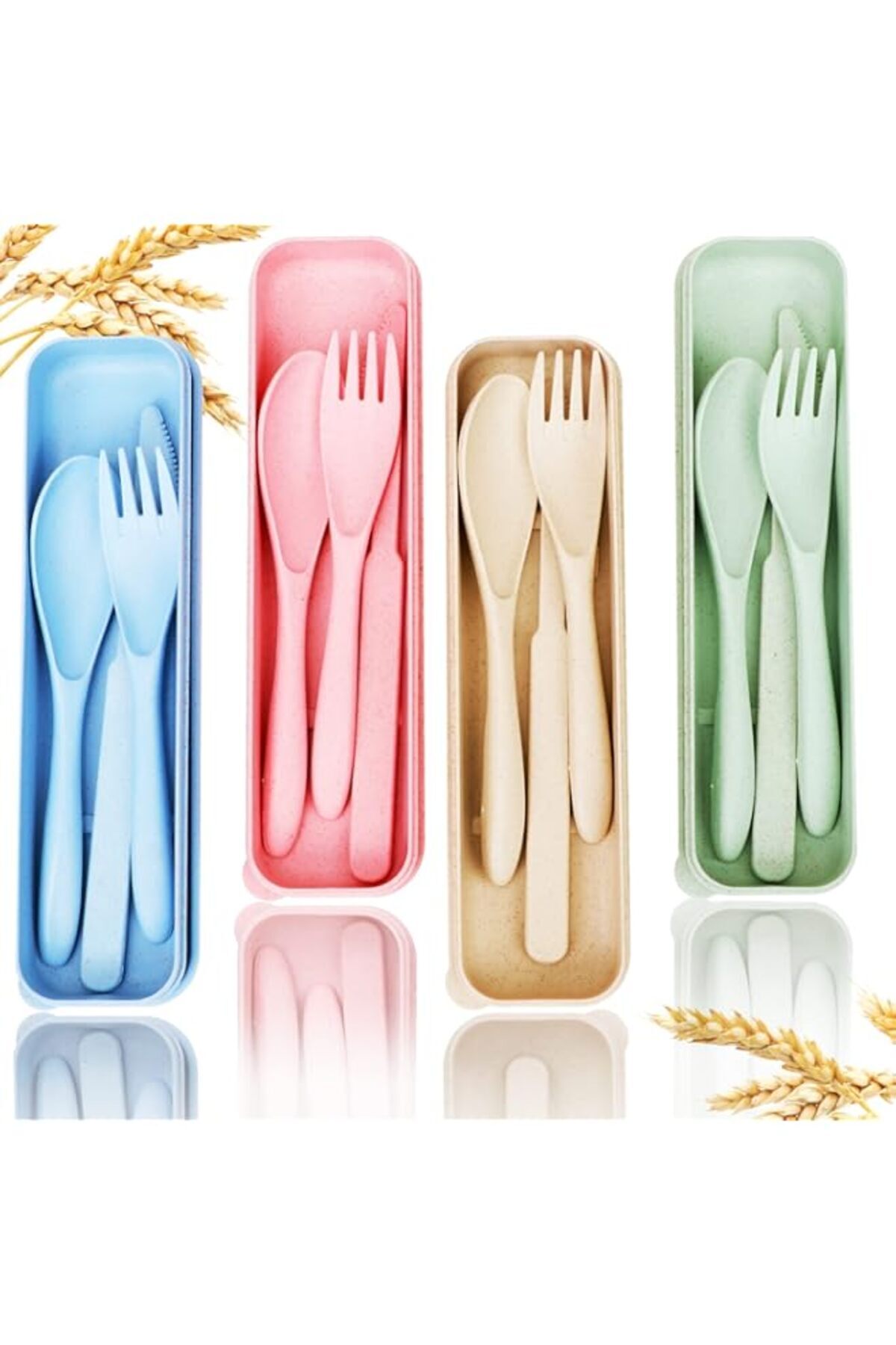 Generic-YDYTOP Reusable Travel Utensils Set with Case, 4 Sets Wheat Straw Portable Knife Fork Spoons Tablew 1