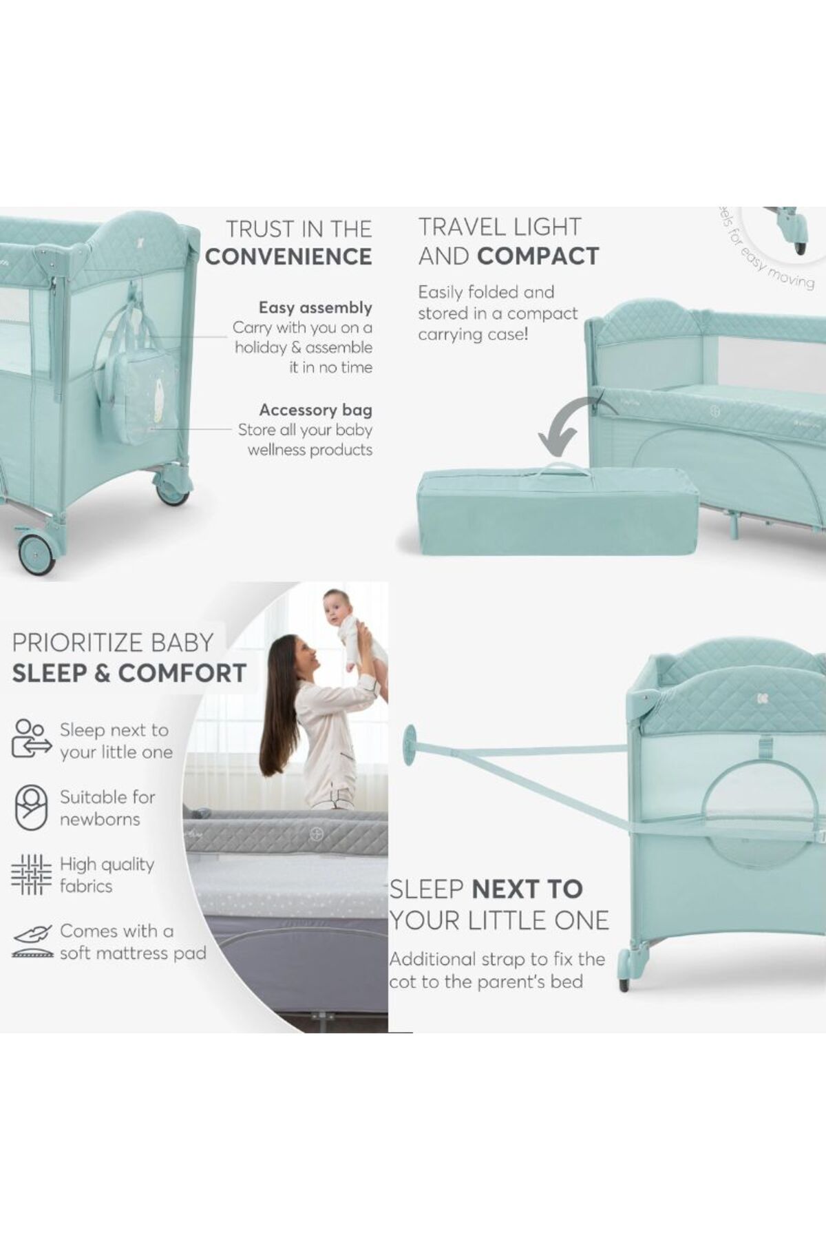 Kikka Boo-KikkaBoo Milky Way Mint folding cot with 2 levels, 3-level sliding side, folding 7