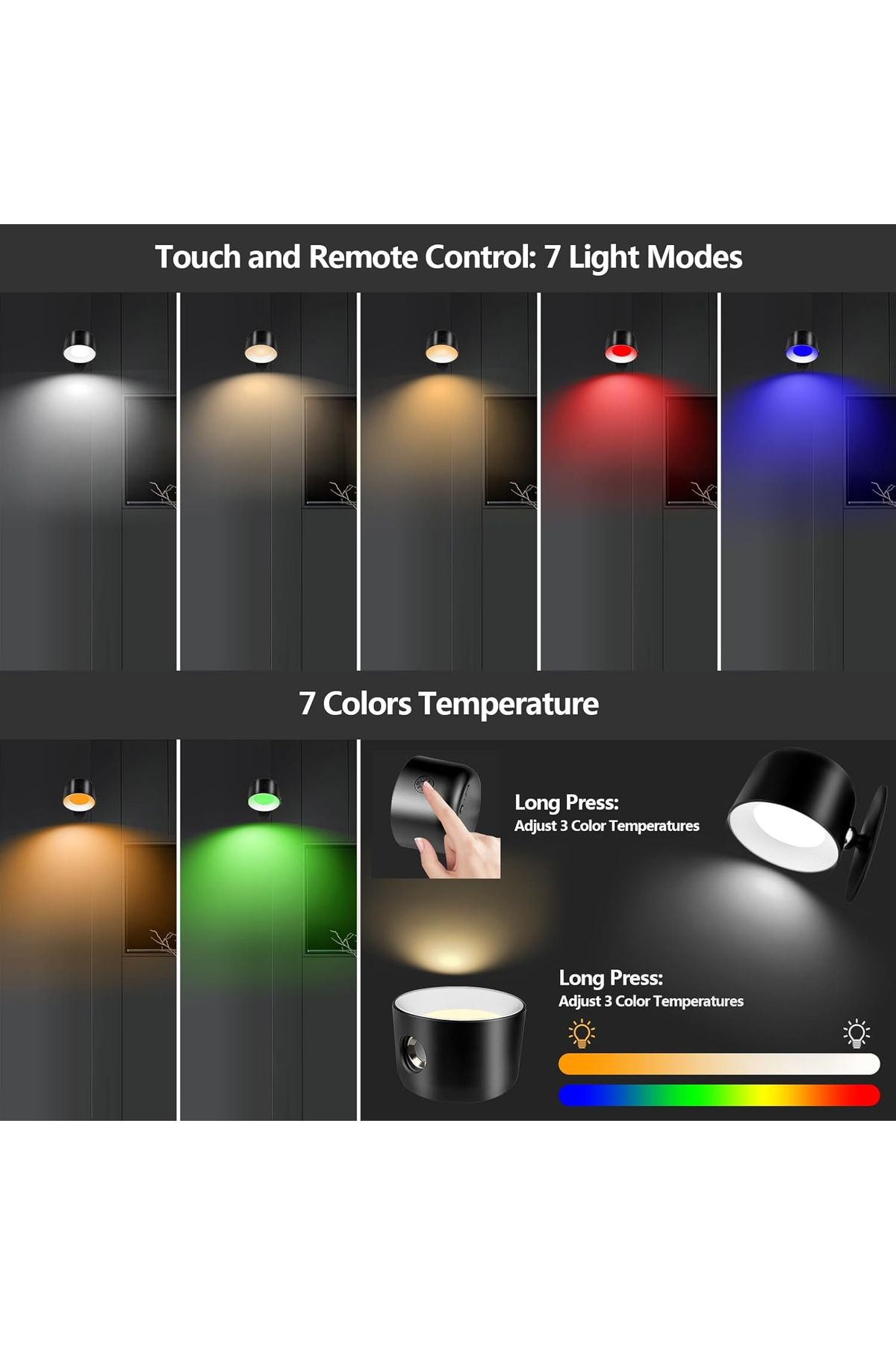 OEM-Rotating wall lamp with remote control, rechargeable, 5 brightness levels & 7 colors with 2500 mAh 2