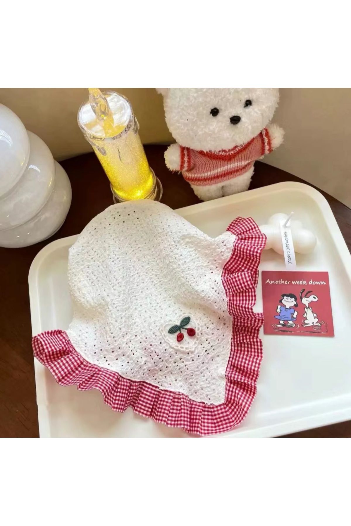 REBORN DESIGN-Red Minimal Gingham Ruffle Detailed Bohemian Crown with Cherry Figure 3