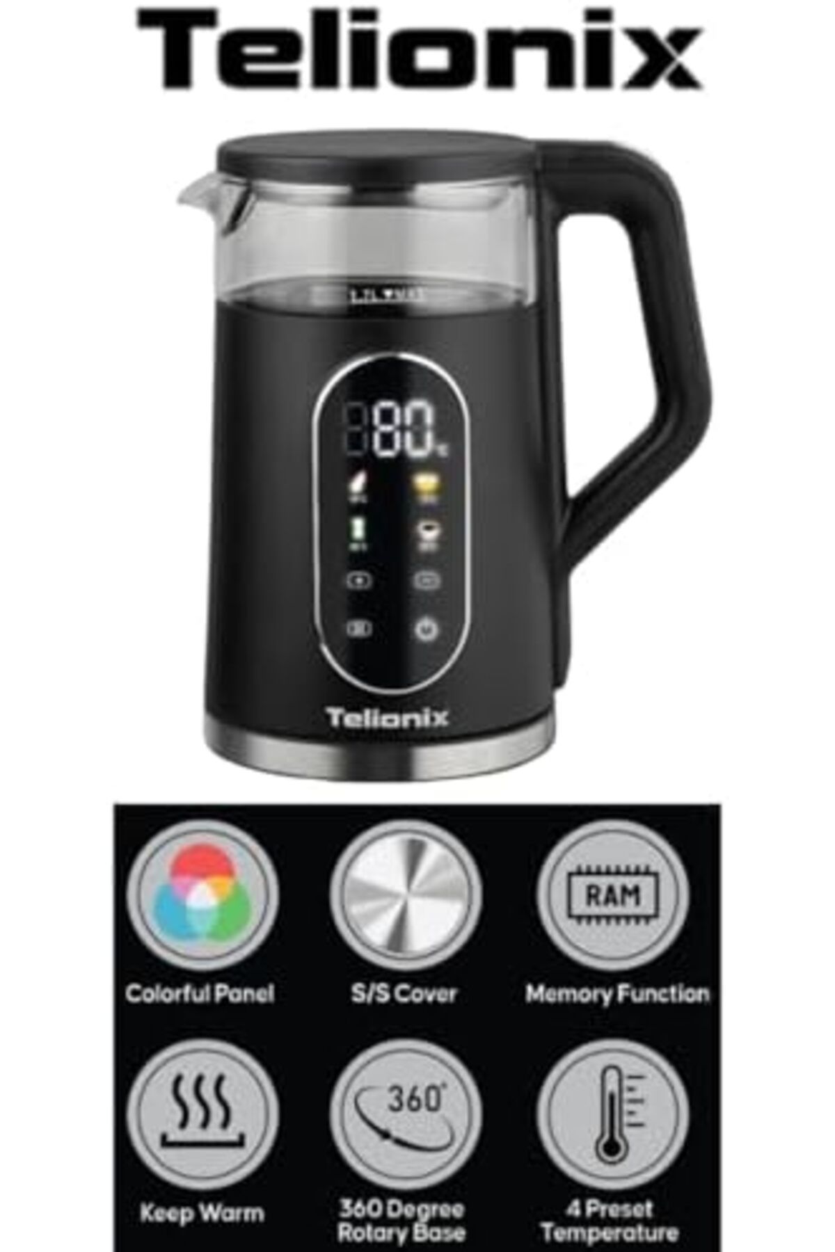 TELIONIX-Digital Kettle, 1.7L Capacity, 2200W, 360° Rotating Base, Borosilicate Glass, 13 Temperatu 4