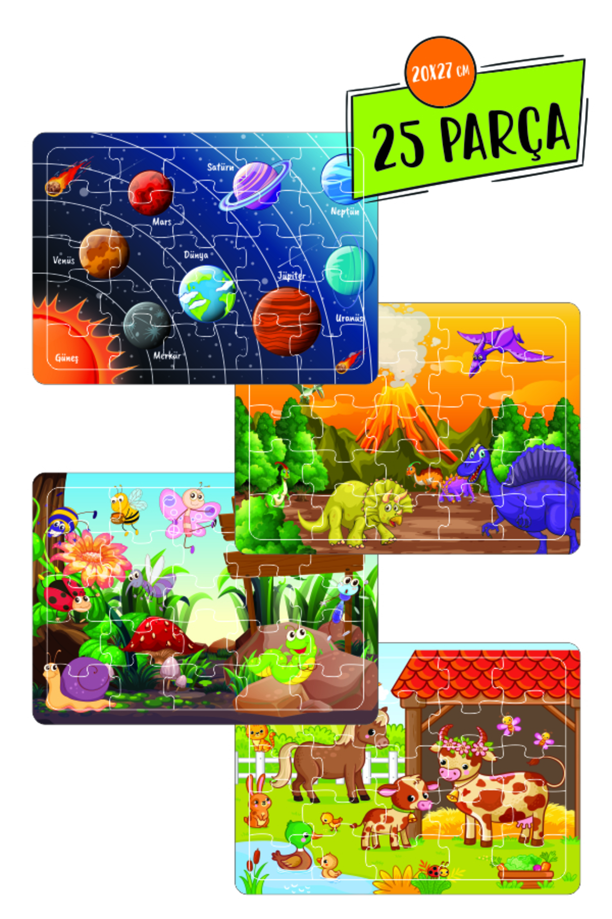 Cute Animals, Dinosaurs , Planets , Farm 25-Piece Wooden Puzzle Set of 4