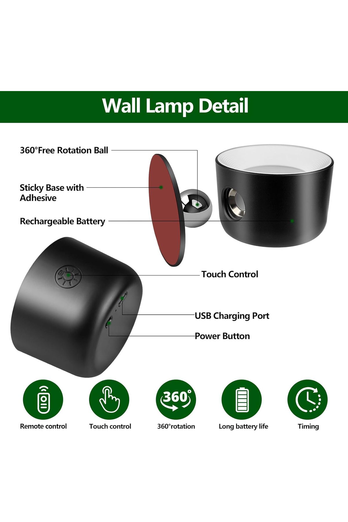 OEM-Rotating wall lamp with remote control, rechargeable, 5 brightness levels & 7 colors with 2500 mAh 4