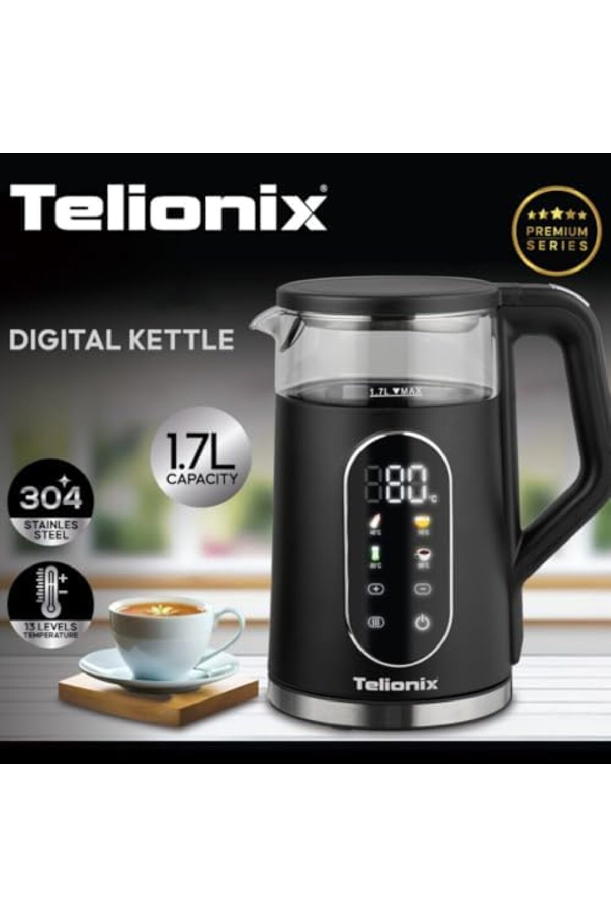 TELIONIX-Digital Kettle, 1.7L Capacity, 2200W, 360° Rotating Base, Borosilicate Glass, 13 Temperatu 2