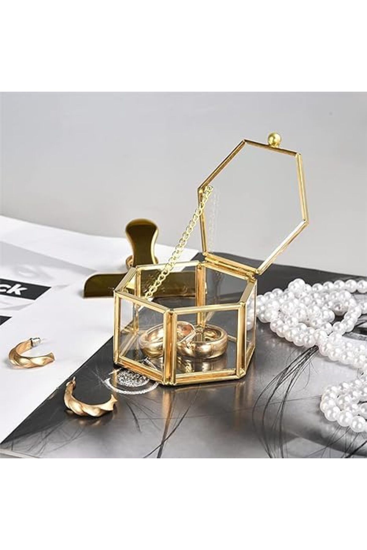 Lamsit Ibdaa-Glass Trinket Box, Hexagon, Gold, Keepsake Organizer with Lid (Hexagon) 5