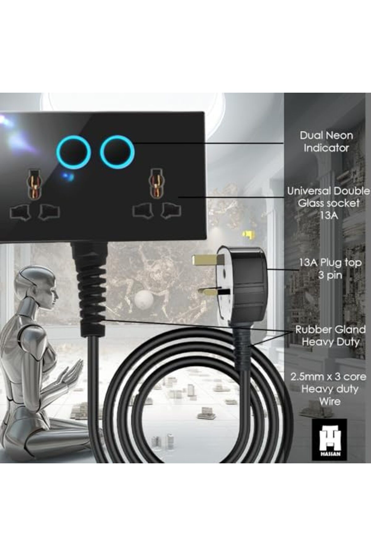 HASSAN-'s Dual Neon Indicator Extension with 13A Double Universal Glass Socket, Premium Tempered Fini 3