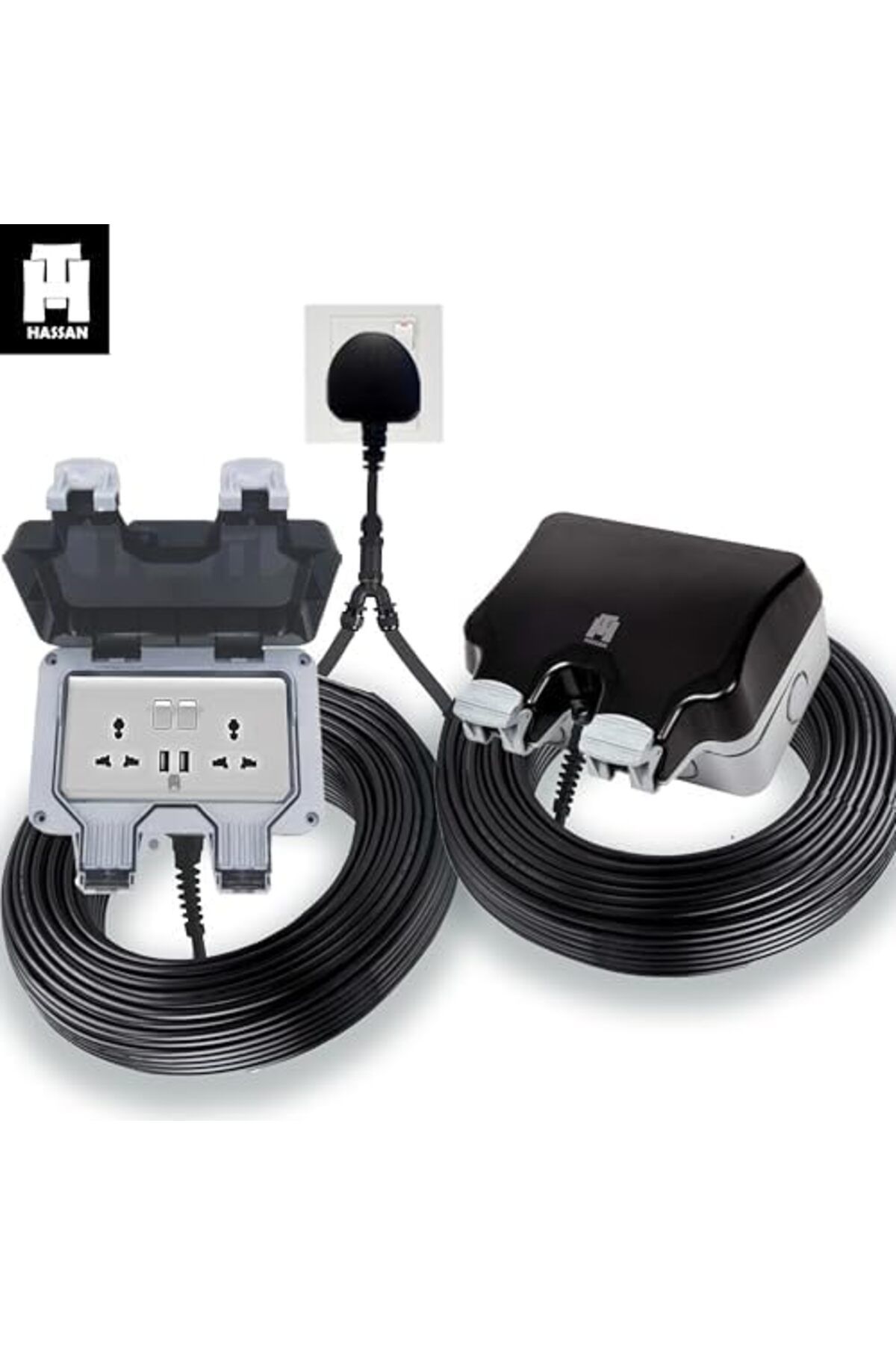 HASSAN-Weatherproof Dual USB Universal Extension Socket 13A With Heavy Duty Long Cord (3 M (10ft) x 2) 6