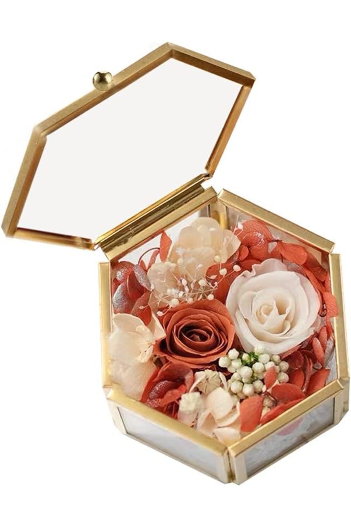 Lamsit Ibdaa-Glass Trinket Box, Hexagon, Gold, Keepsake Organizer with Lid (Hexagon) 6
