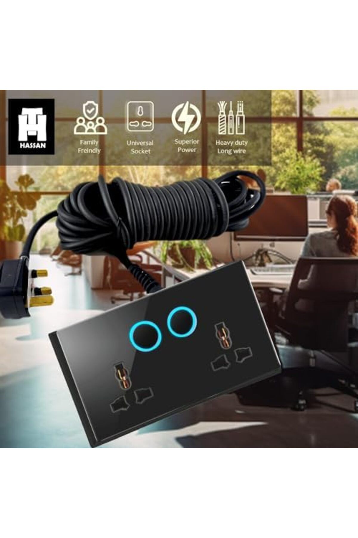 HASSAN-'s Dual Neon Indicator Extension with 13A Double Universal Glass Socket, Premium Tempered Fini 4