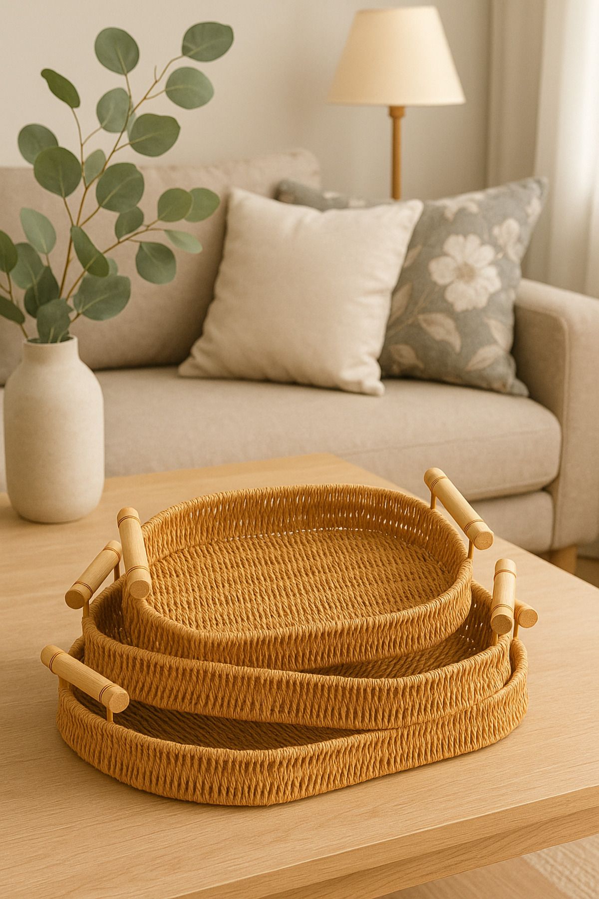 Fhilli-Natura - Set of 3 Oval Rattan Wicker Serving and Presentation Trays Decorative Tray with Wooden Handles 3