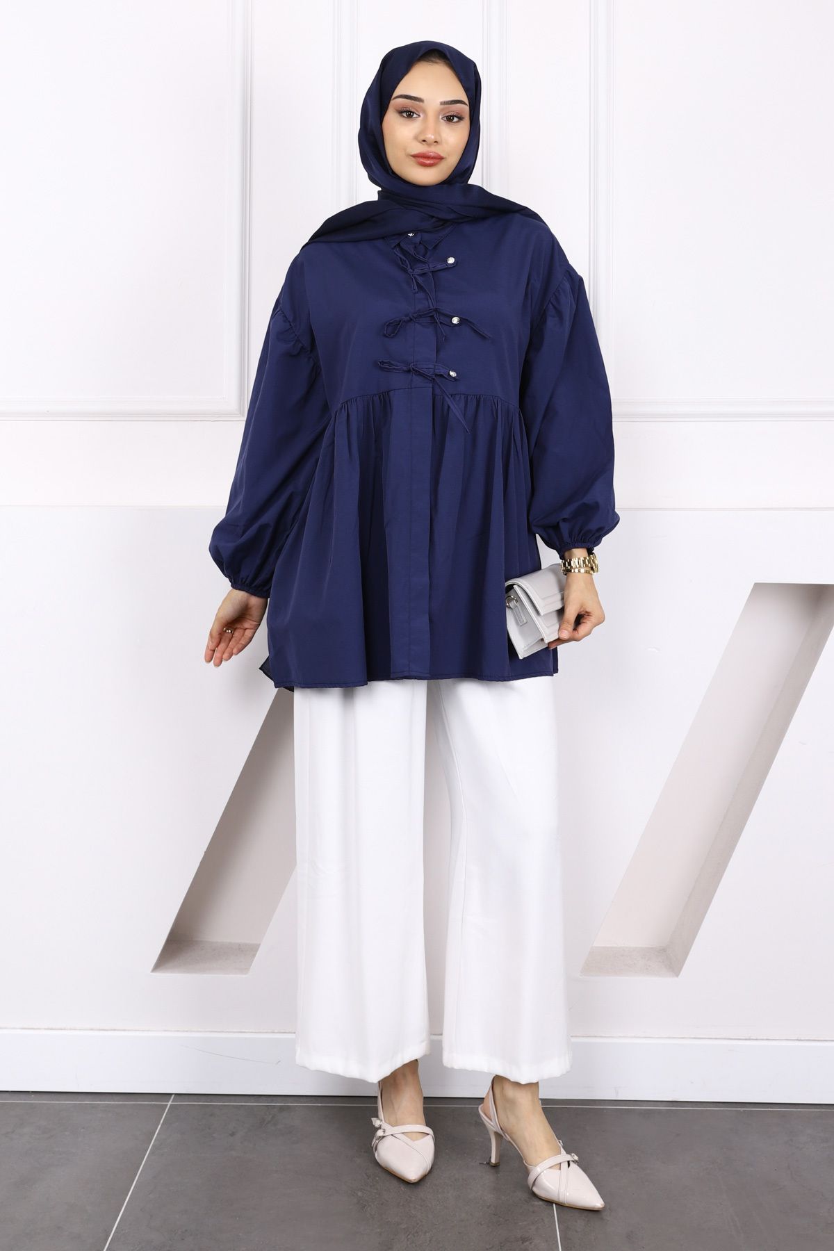 İmajButik-Navy Blue Sleeve Elastic Front Buttoned Tunic 2