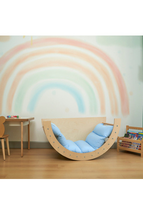 Muyuru Montessori Ahşap Pikler Halkası + Mavi Minderli, 6 Farklı Kullanım Tır...