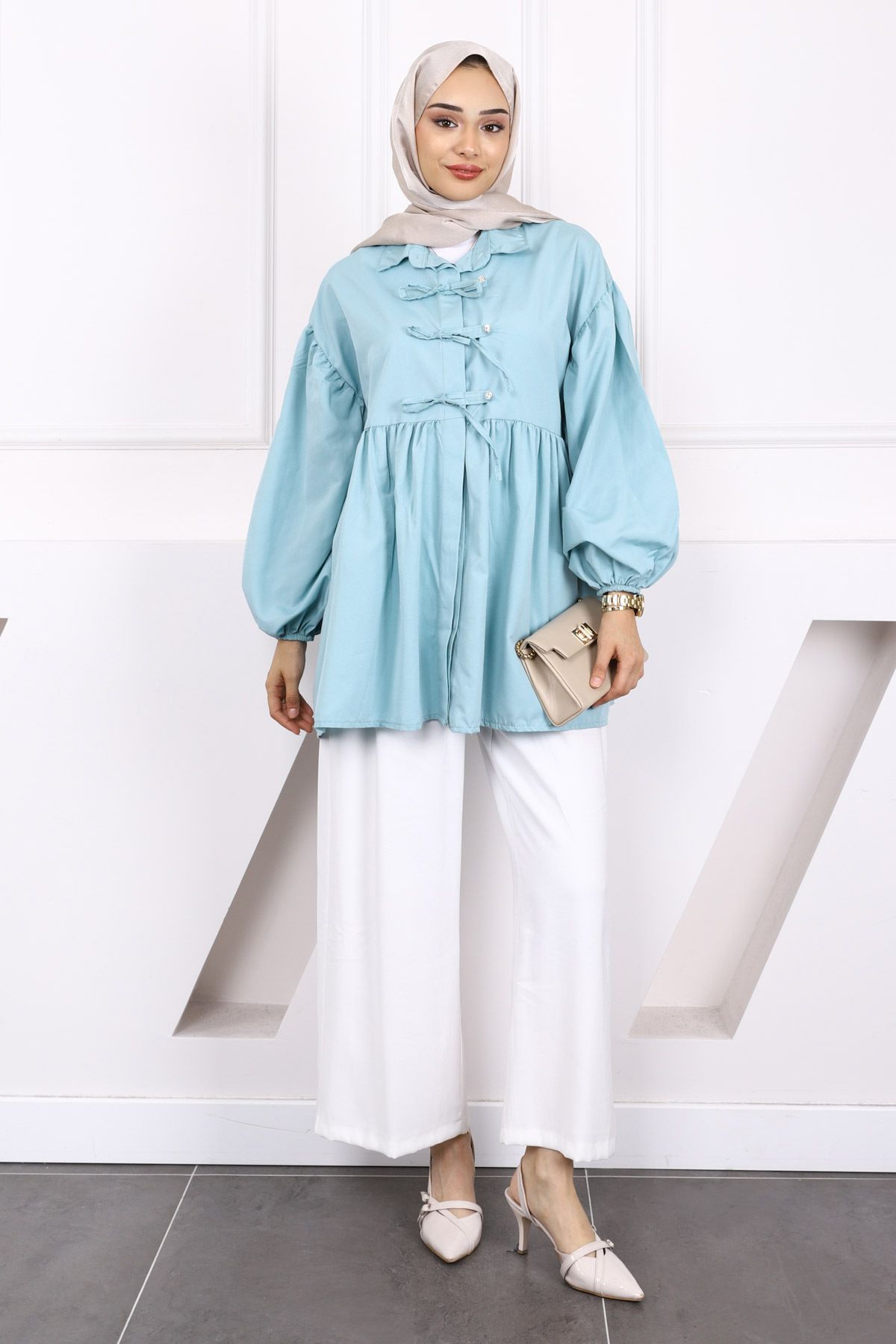 İmajButik-Mint Green Sleeve Elastic Front Buttoned Tunic 2