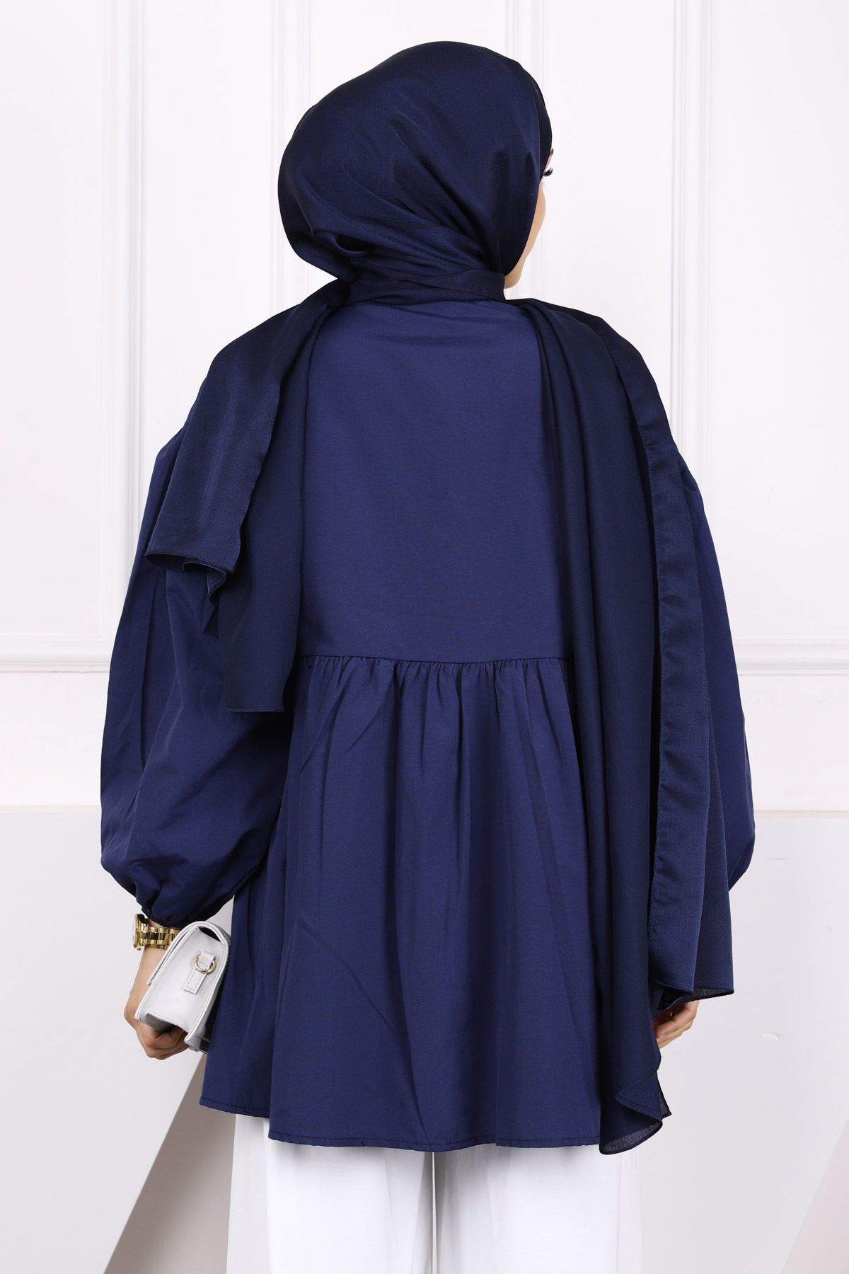 İmajButik-Navy Blue Sleeve Elastic Front Buttoned Tunic 4