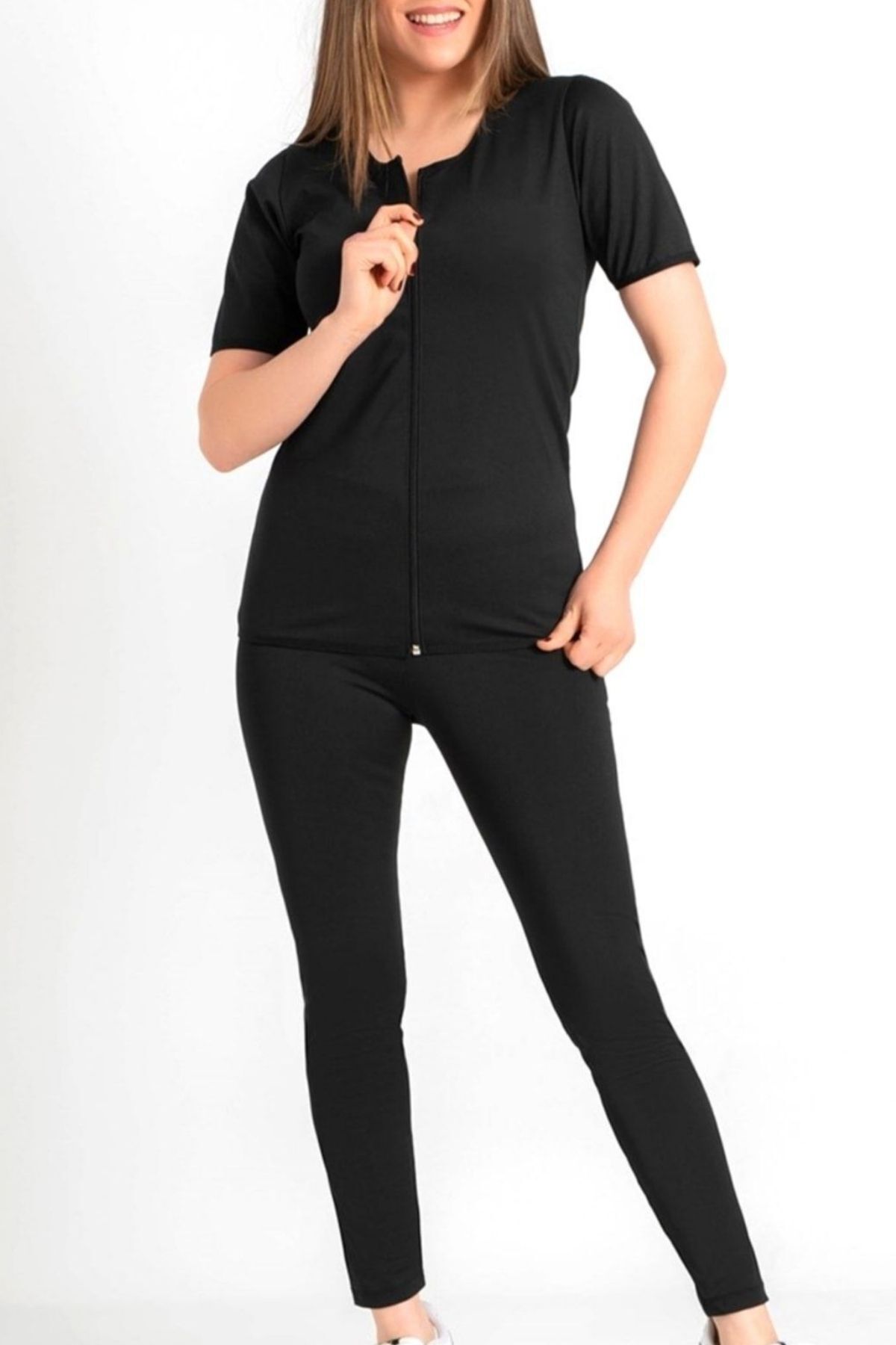 zerotex Costum Termic Pentru Saună Cu Talie Înaltă Cu Închidere Cu Fermoar Costum Termic Pentru Saună Cu Mâneci Scurte Femeie - 2XL