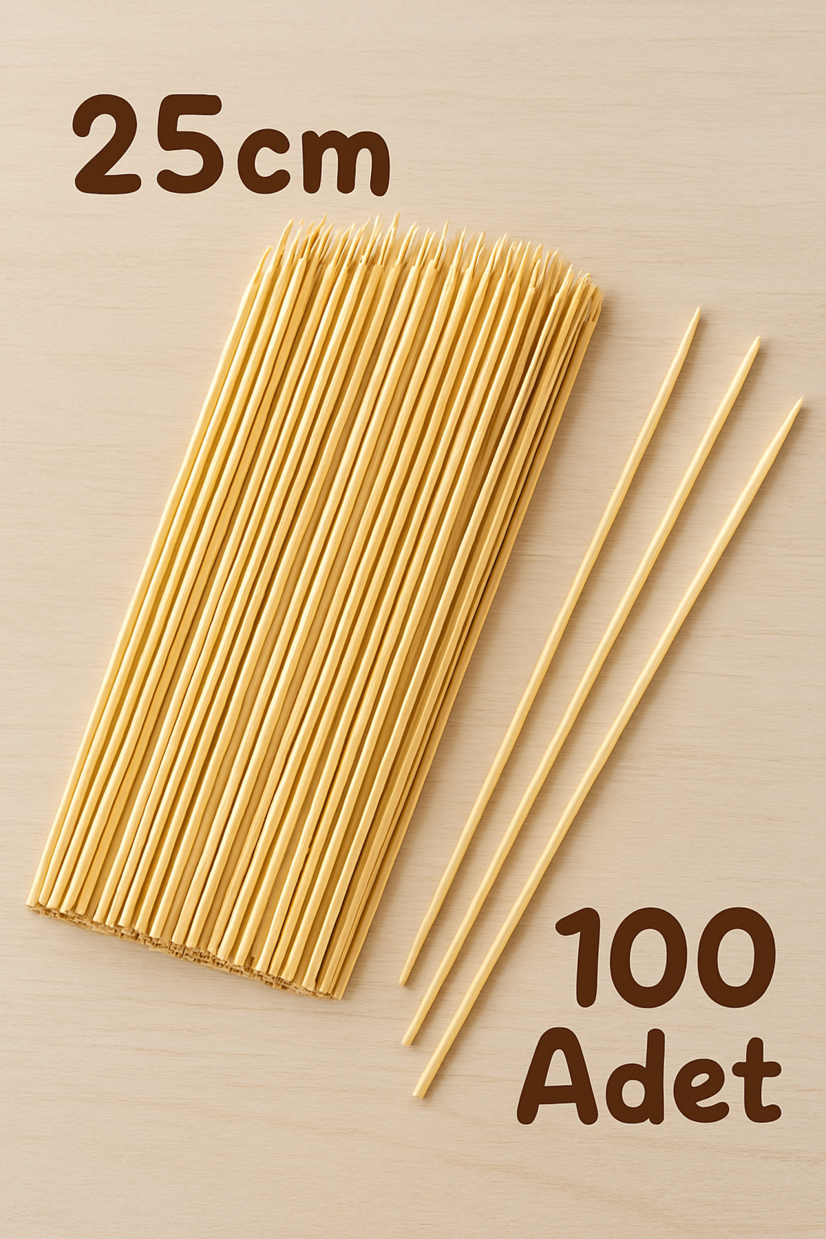 MDİZMİR Çöp Şiş Bambu 25 Cm 2,5mm Tahta Şiş Çubuk Uzun 100 Adet