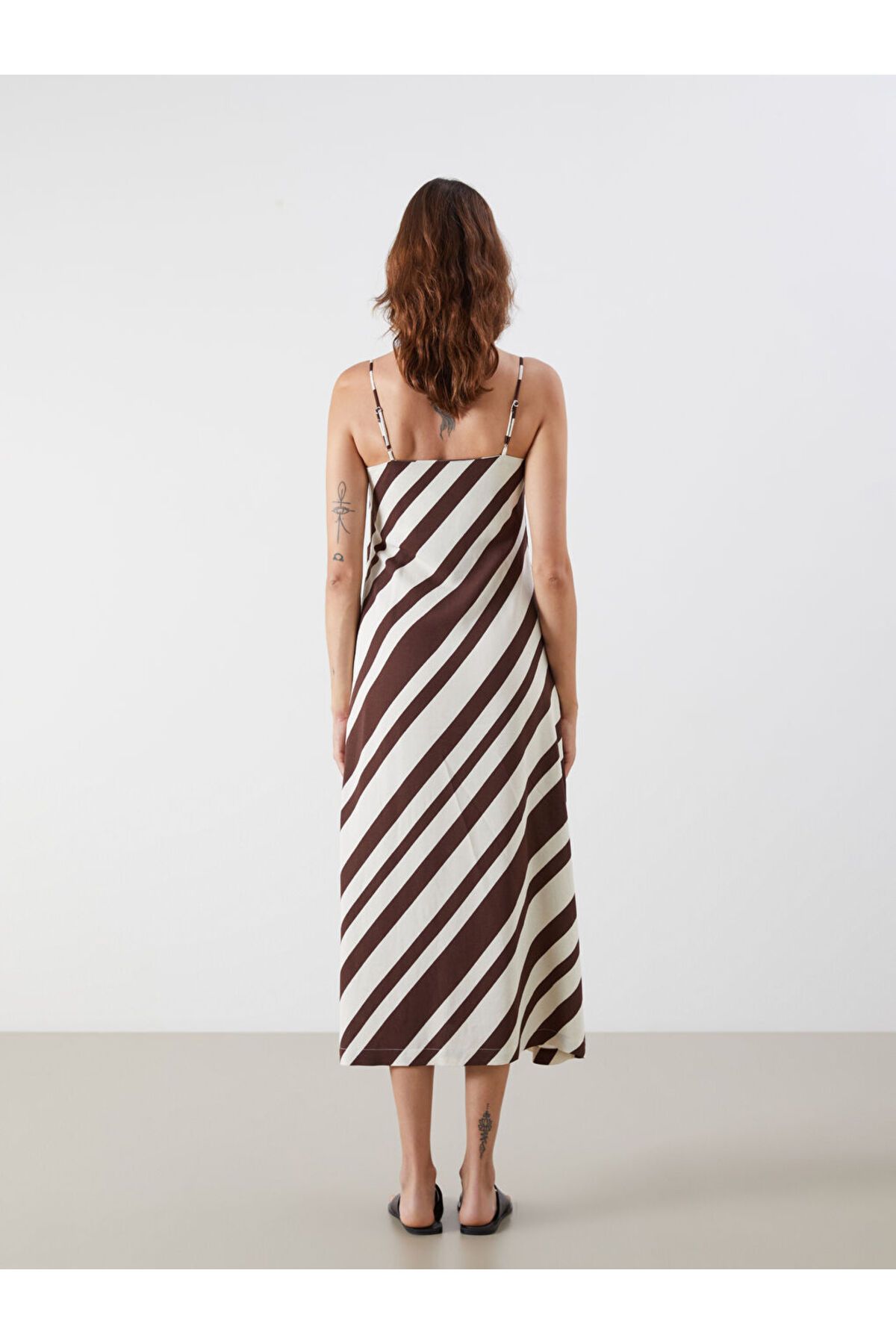 LC Waikiki-Sparkling Selections from Shining Store |   Brown Square Neck Striped Linen Blend Dress 4