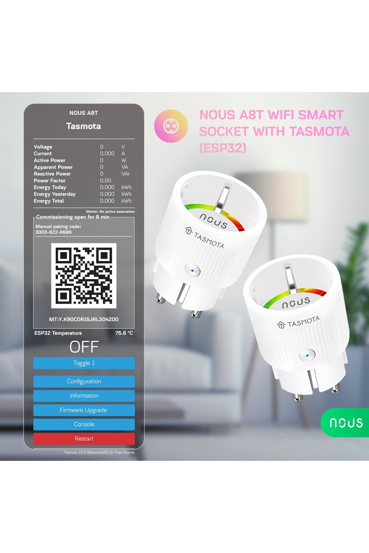 Nous-A8T WiFi Smart Socket, 10A - Tasmota, ESP32 4